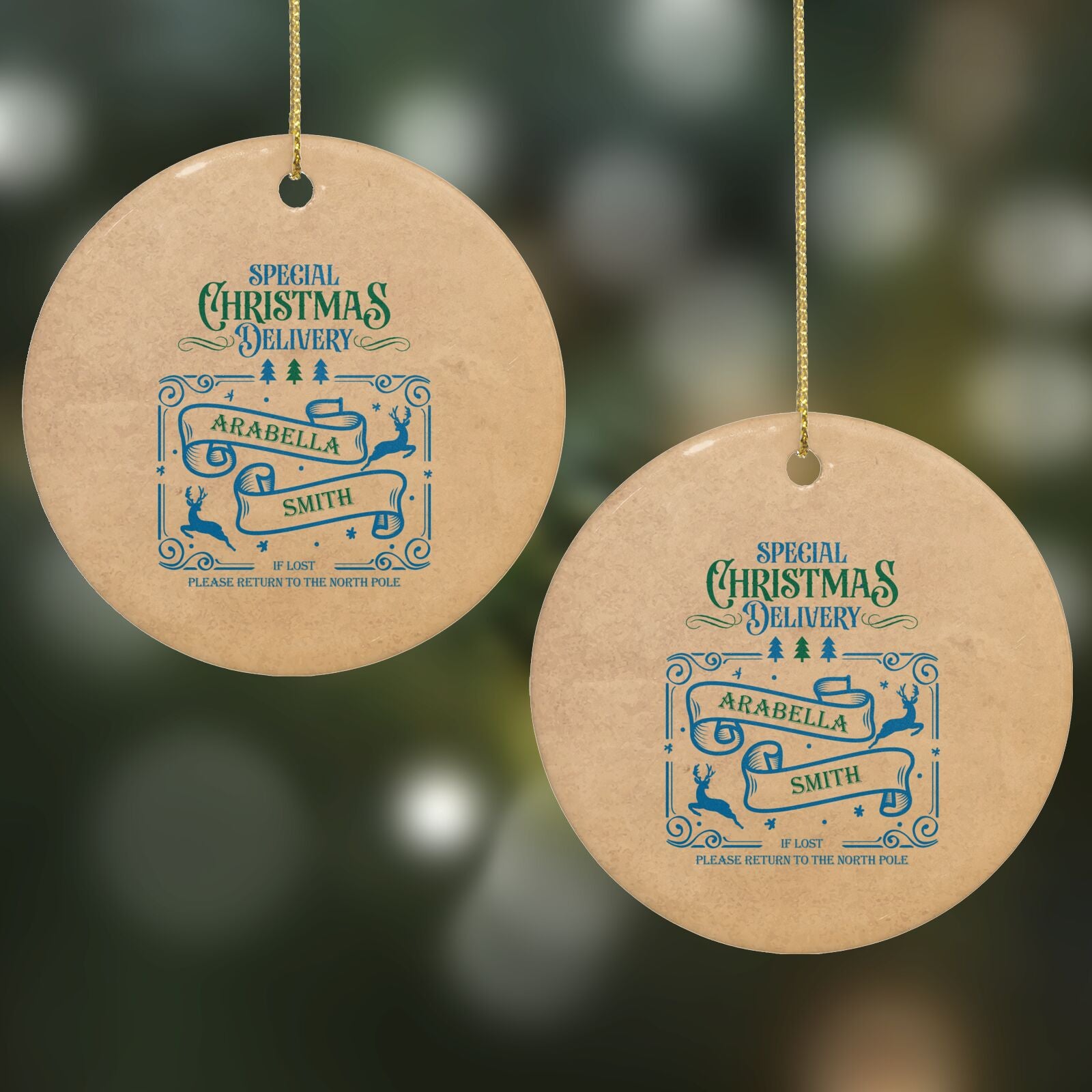 Special Christmas Delivery Personalised Round Decoration on Christmas Background