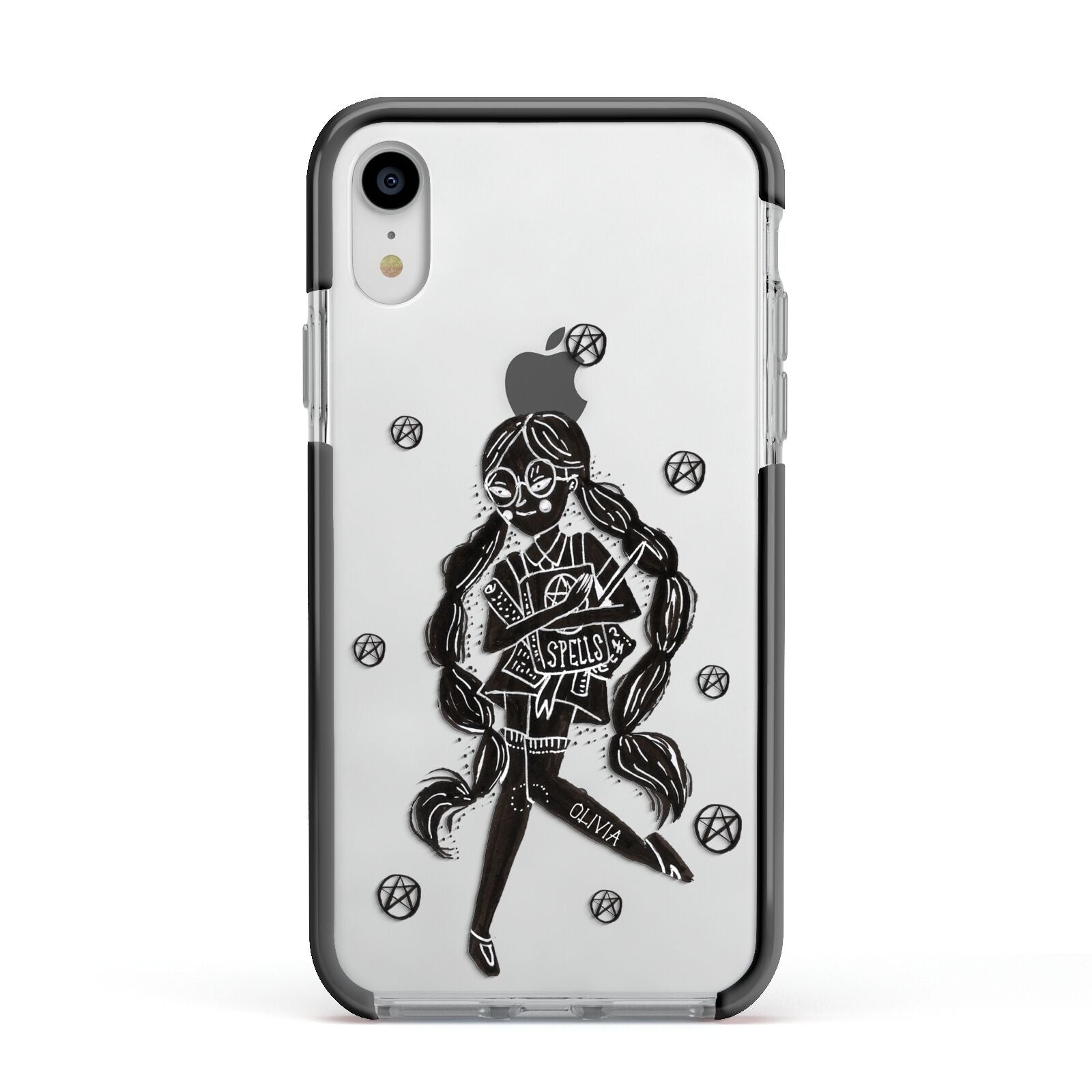Spells Girl Halloween Personalised Apple iPhone XR Impact Case Black Edge on Silver Phone