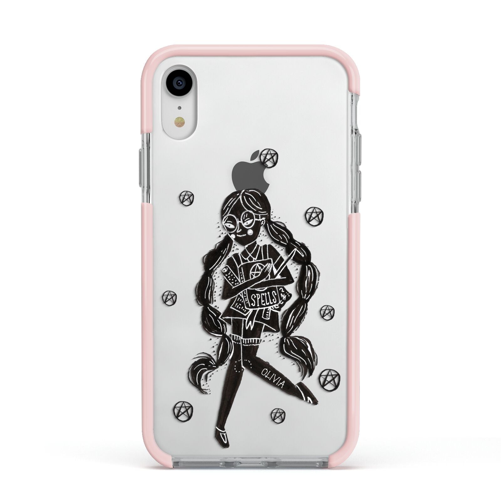 Spells Girl Halloween Personalised Apple iPhone XR Impact Case Pink Edge on Silver Phone