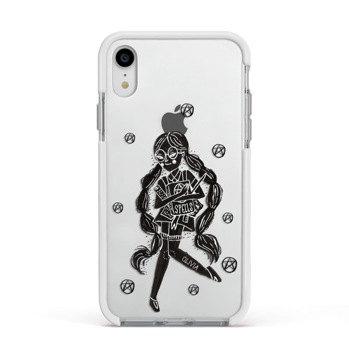 Spells Girl Halloween Personalised Apple iPhone XR Impact Case White Edge on Silver Phone