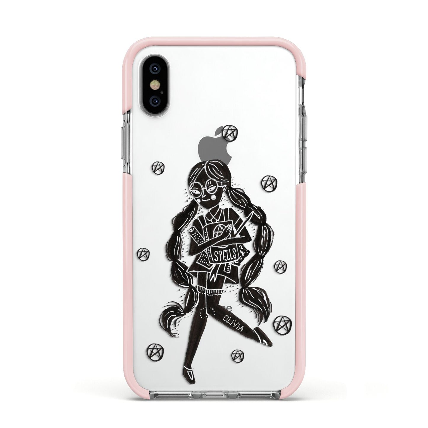 Spells Girl Halloween Personalised Apple iPhone Xs Impact Case Pink Edge on Silver Phone