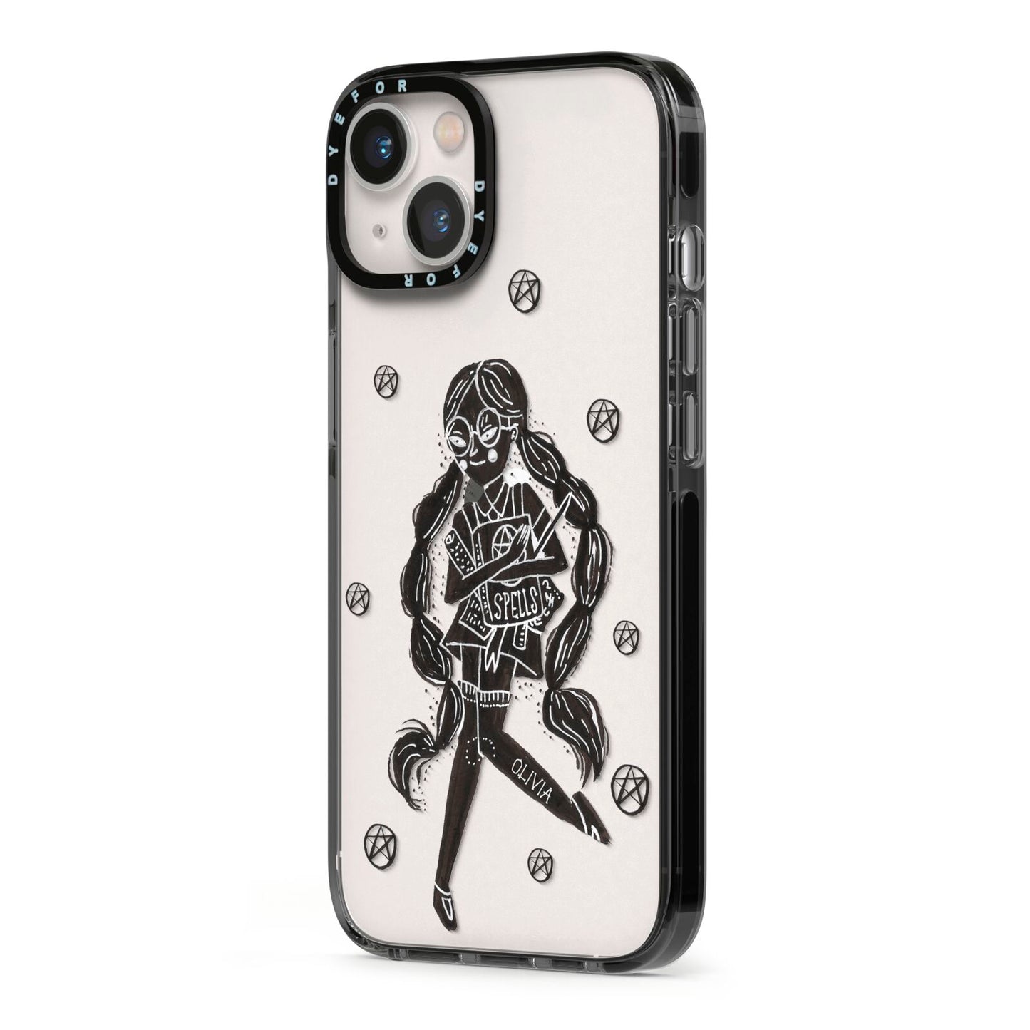 Spells Girl Halloween Personalised iPhone 13 Black Impact Case Side Angle on Silver phone