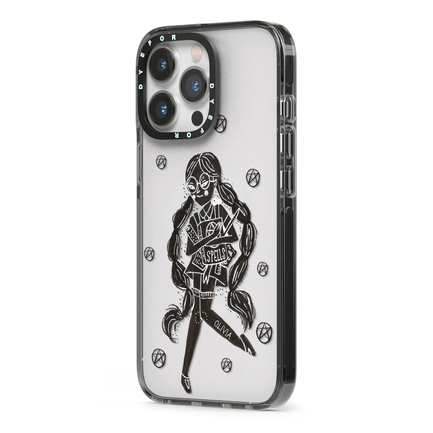 Spells Girl Halloween Personalised iPhone 13 Pro Black Impact Case Side Angle on Silver phone