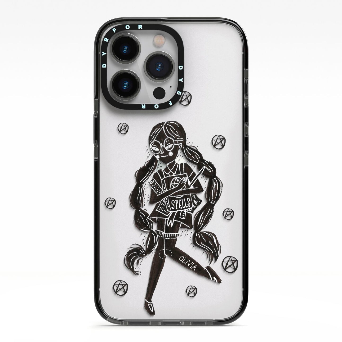 Spells Girl Halloween Personalised iPhone 13 Pro Black Impact Case on Silver phone