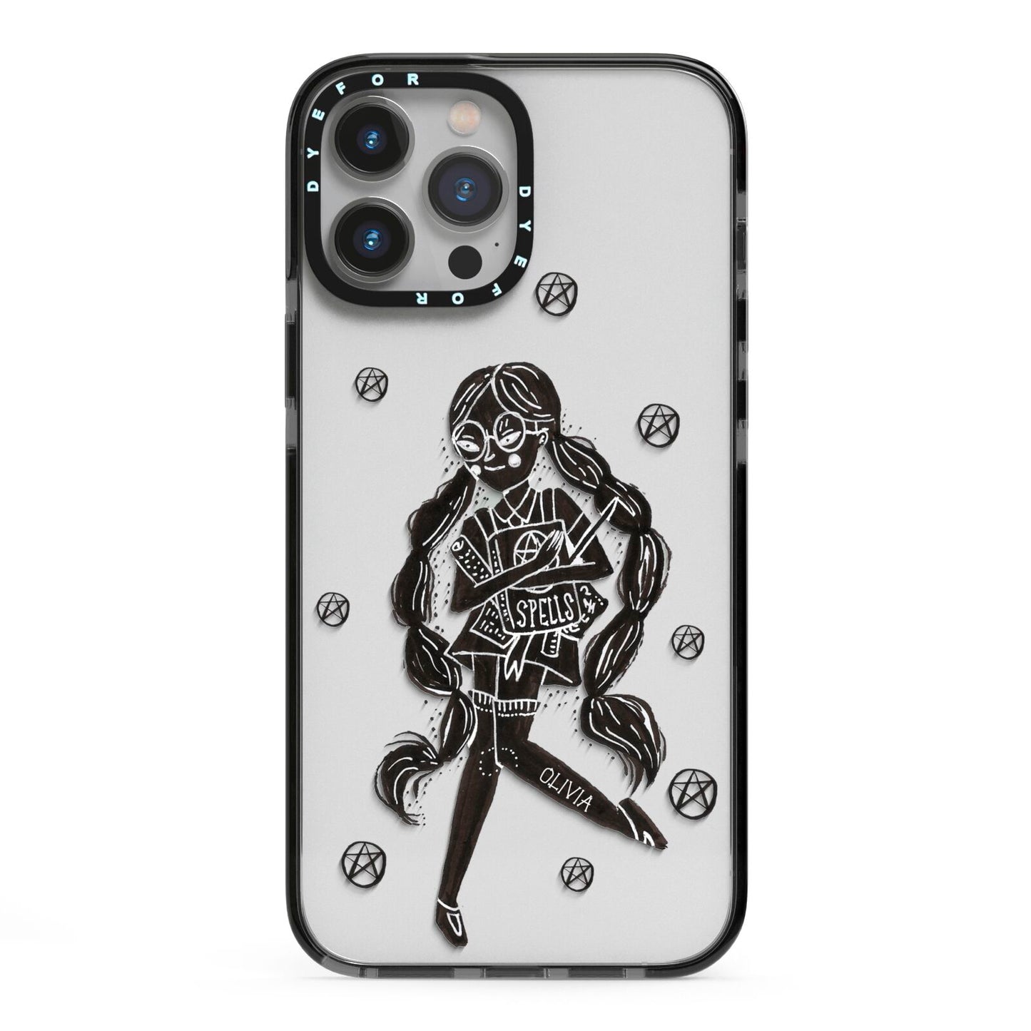 Spells Girl Halloween Personalised iPhone 13 Pro Max Black Impact Case on Silver phone