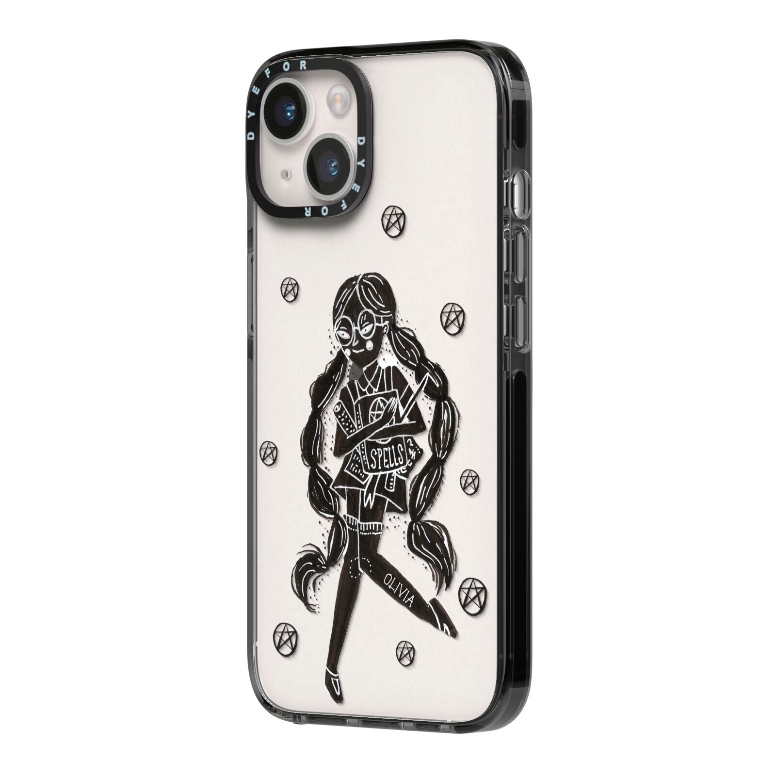 Spells Girl Halloween Personalised iPhone 14 Black Impact Case Side Angle on Silver phone