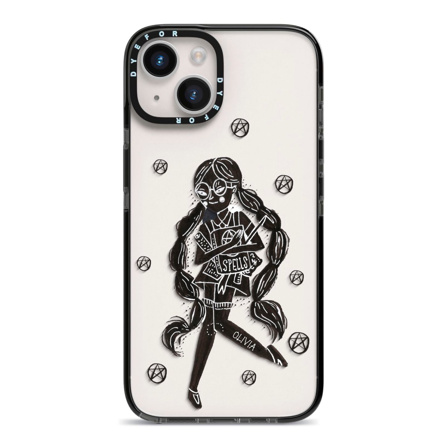 Spells Girl Halloween Personalised iPhone 14 Black Impact Case on Silver phone