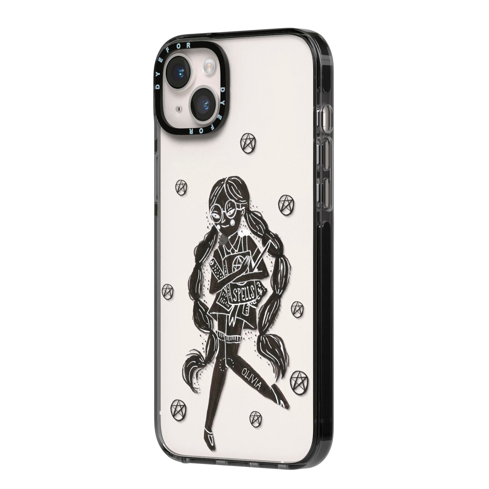 Spells Girl Halloween Personalised iPhone 14 Plus Black Impact Case Side Angle on Silver phone
