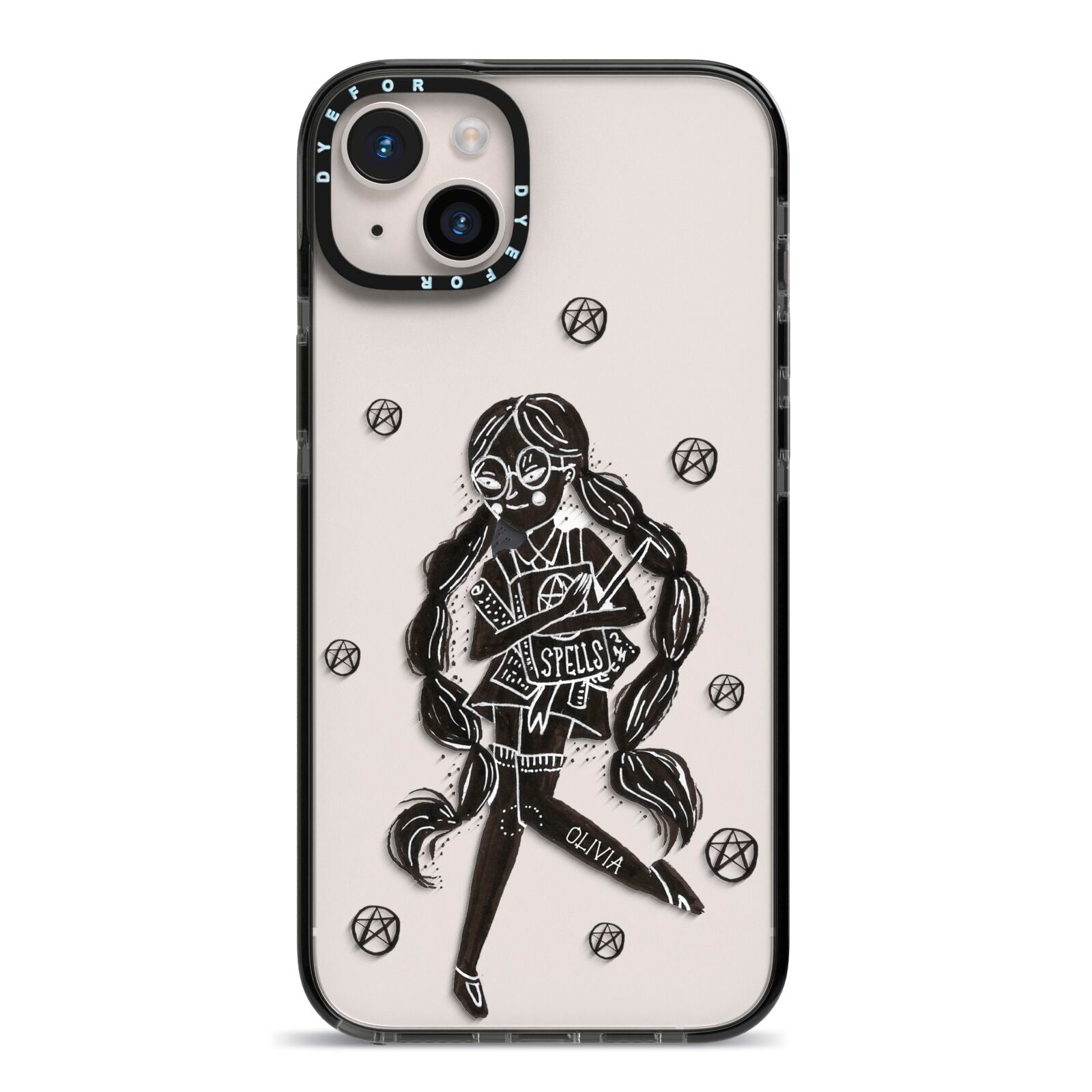 Spells Girl Halloween Personalised iPhone 14 Plus Black Impact Case on Silver phone