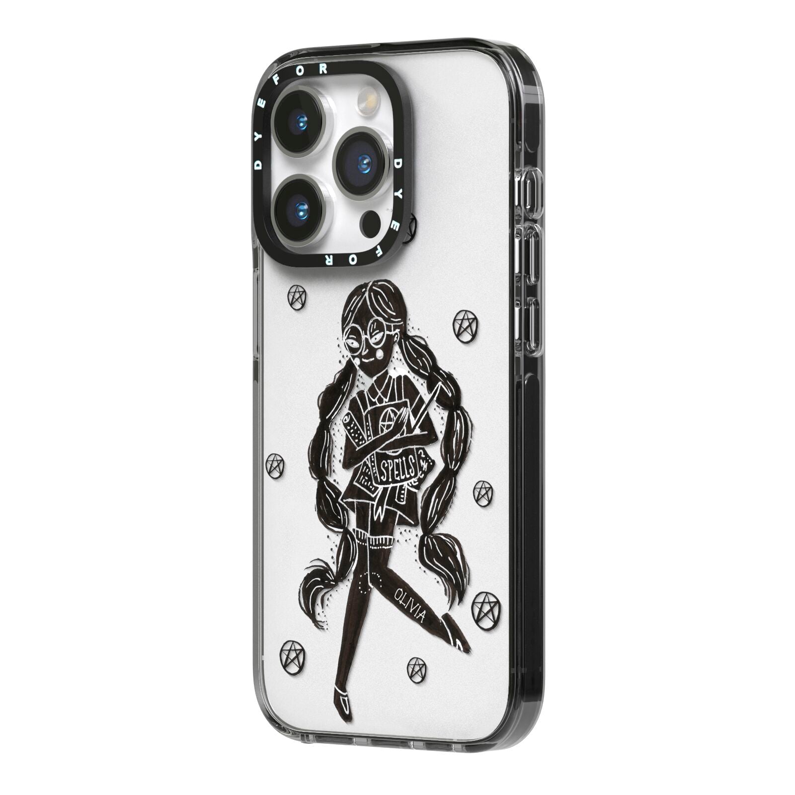 Spells Girl Halloween Personalised iPhone 14 Pro Black Impact Case Side Angle on Silver phone