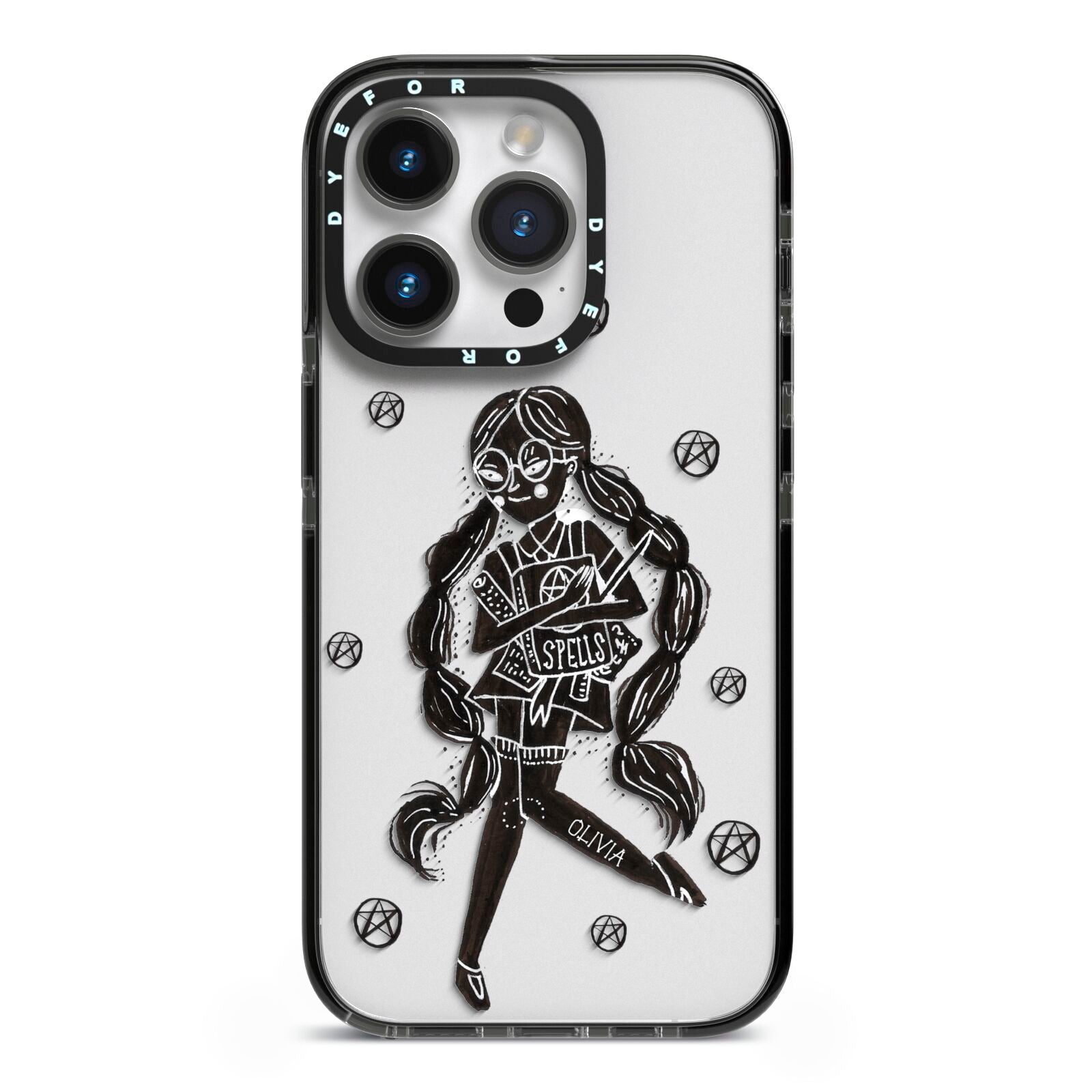 Spells Girl Halloween Personalised iPhone 14 Pro Black Impact Case on Silver phone