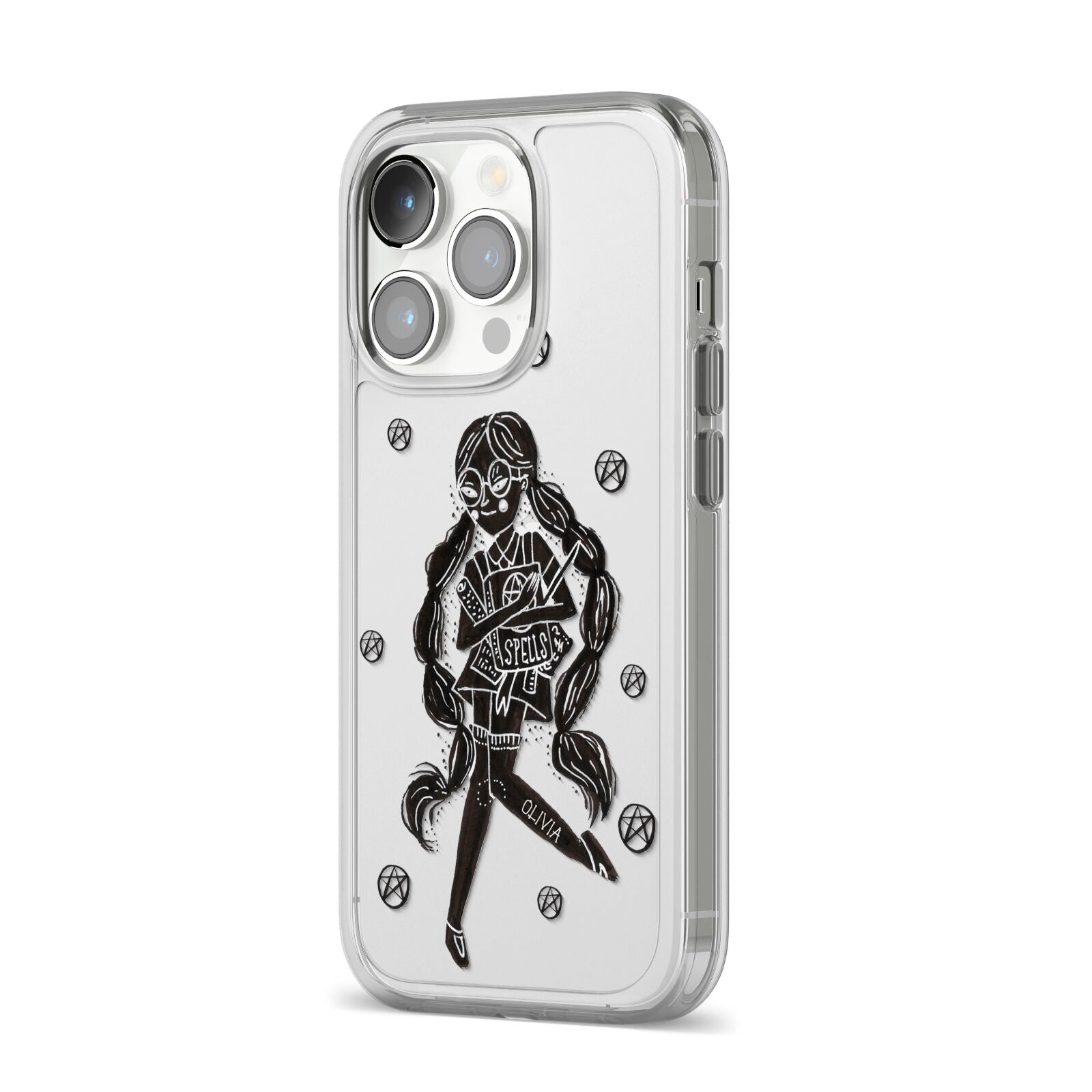 Spells Girl Halloween Personalised iPhone 14 Pro Clear Tough Case Silver Angled Image