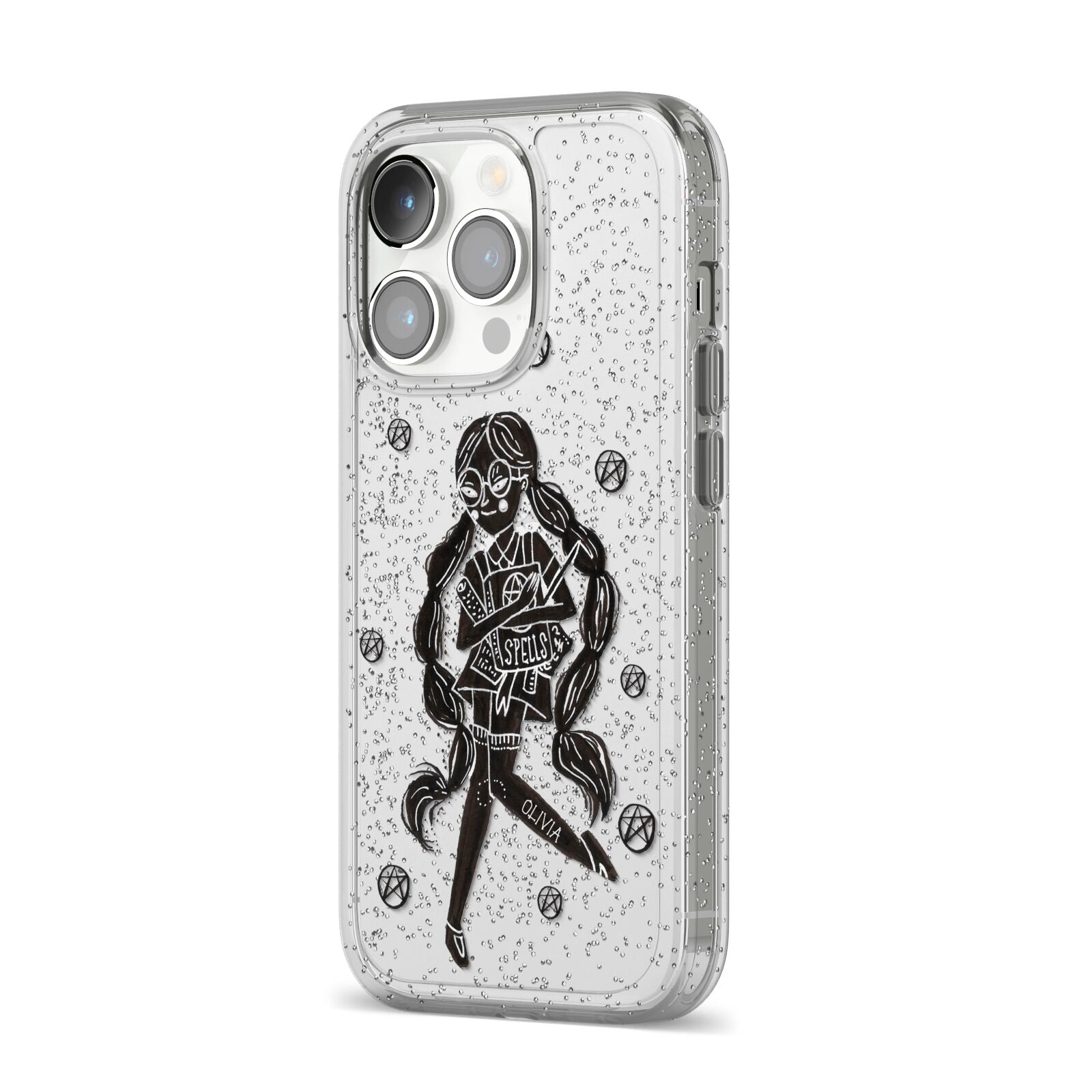 Spells Girl Halloween Personalised iPhone 14 Pro Glitter Tough Case Silver Angled Image