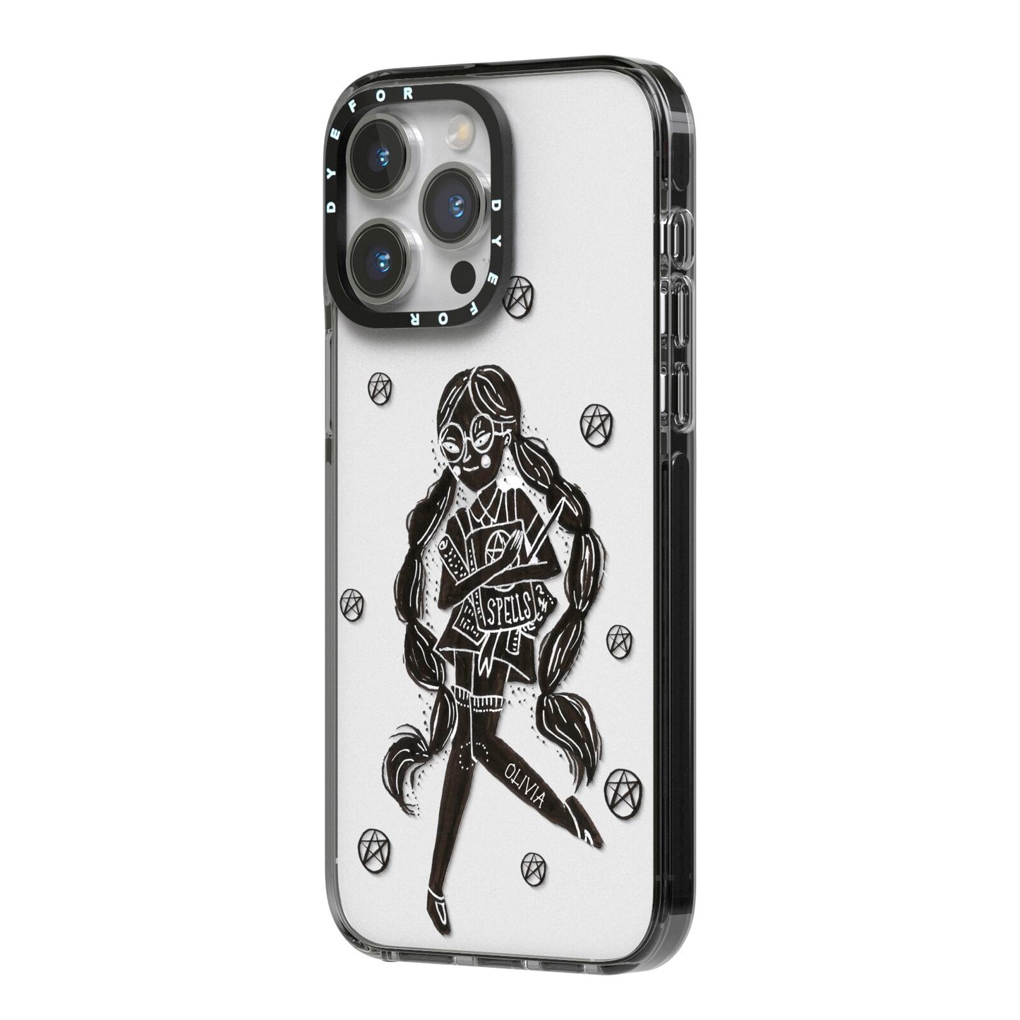 Spells Girl Halloween Personalised iPhone 14 Pro Max Black Impact Case Side Angle on Silver phone