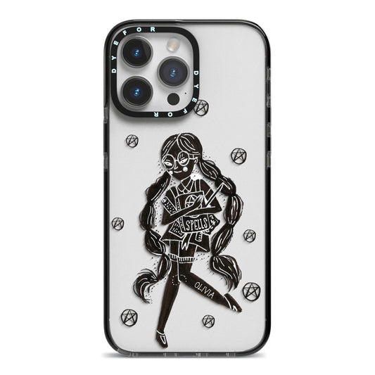 Spells Girl Halloween Personalised iPhone 14 Pro Max Black Impact Case on Silver phone