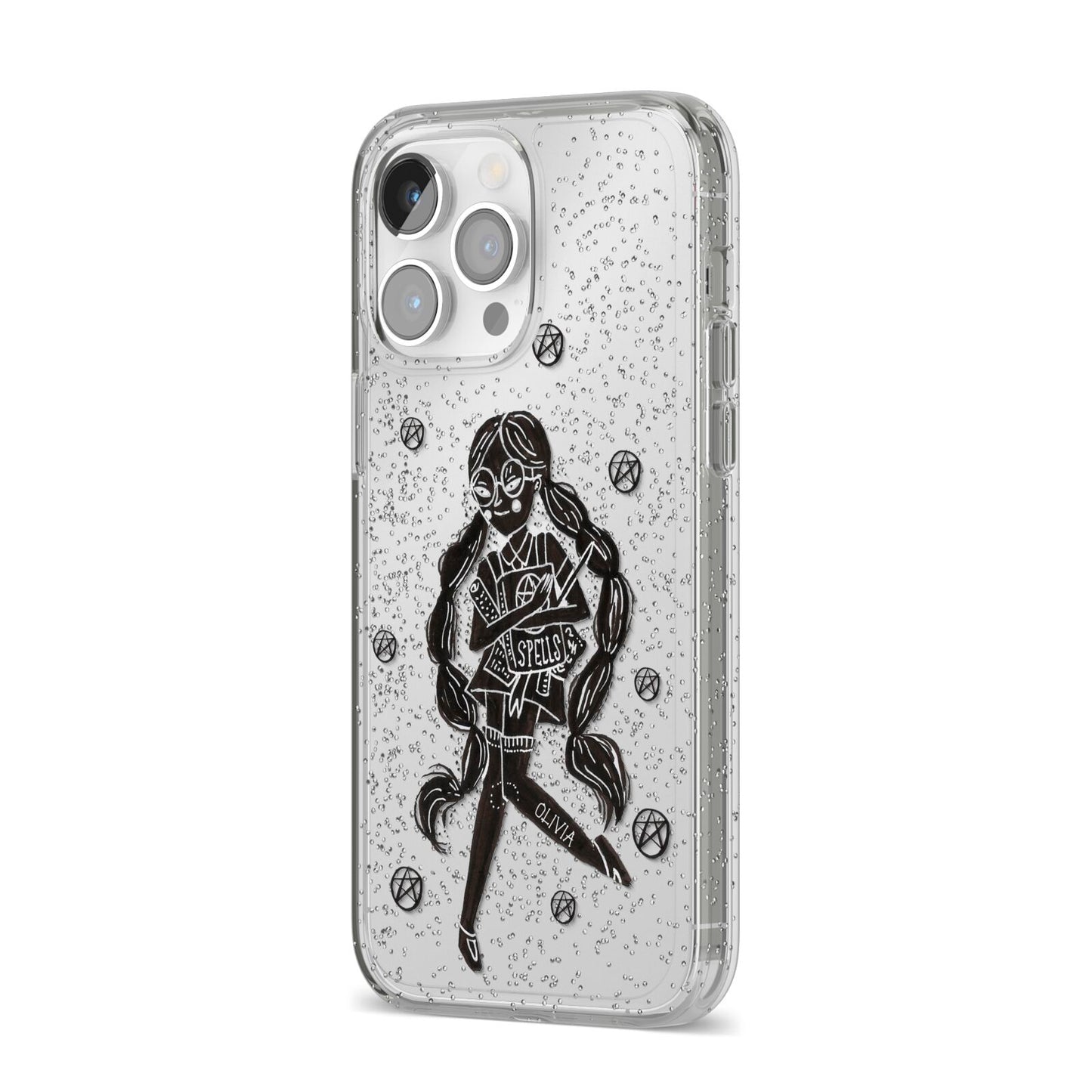 Spells Girl Halloween Personalised iPhone 14 Pro Max Glitter Tough Case Silver Angled Image