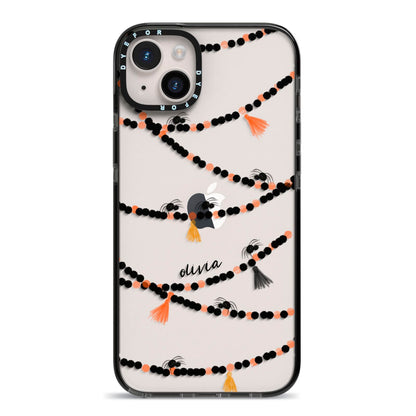 Spider Halloween iPhone 14 Plus Black Impact Case on Silver phone