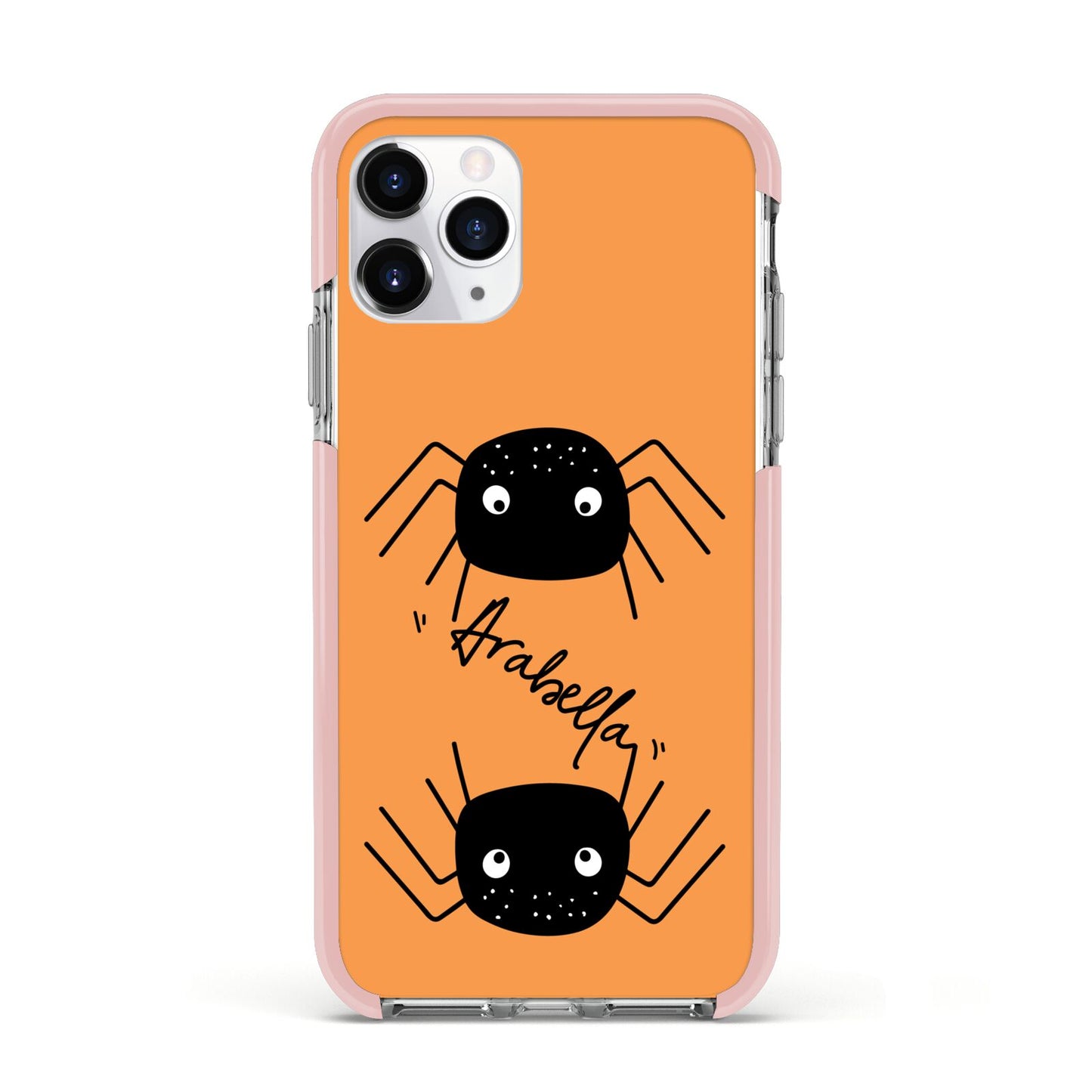 Spider Orange Personalised Apple iPhone 11 Pro in Silver with Pink Impact Case