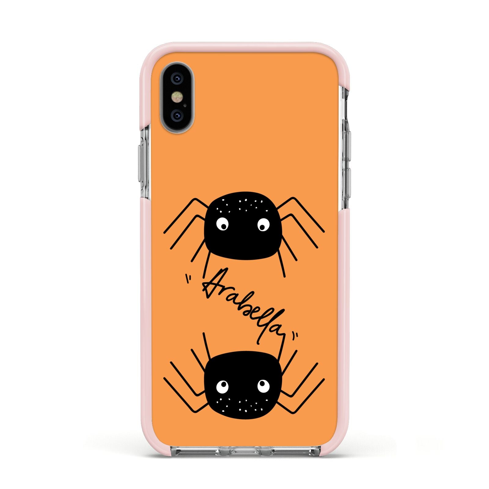 Spider Orange Personalised Apple iPhone Xs Impact Case Pink Edge on Silver Phone
