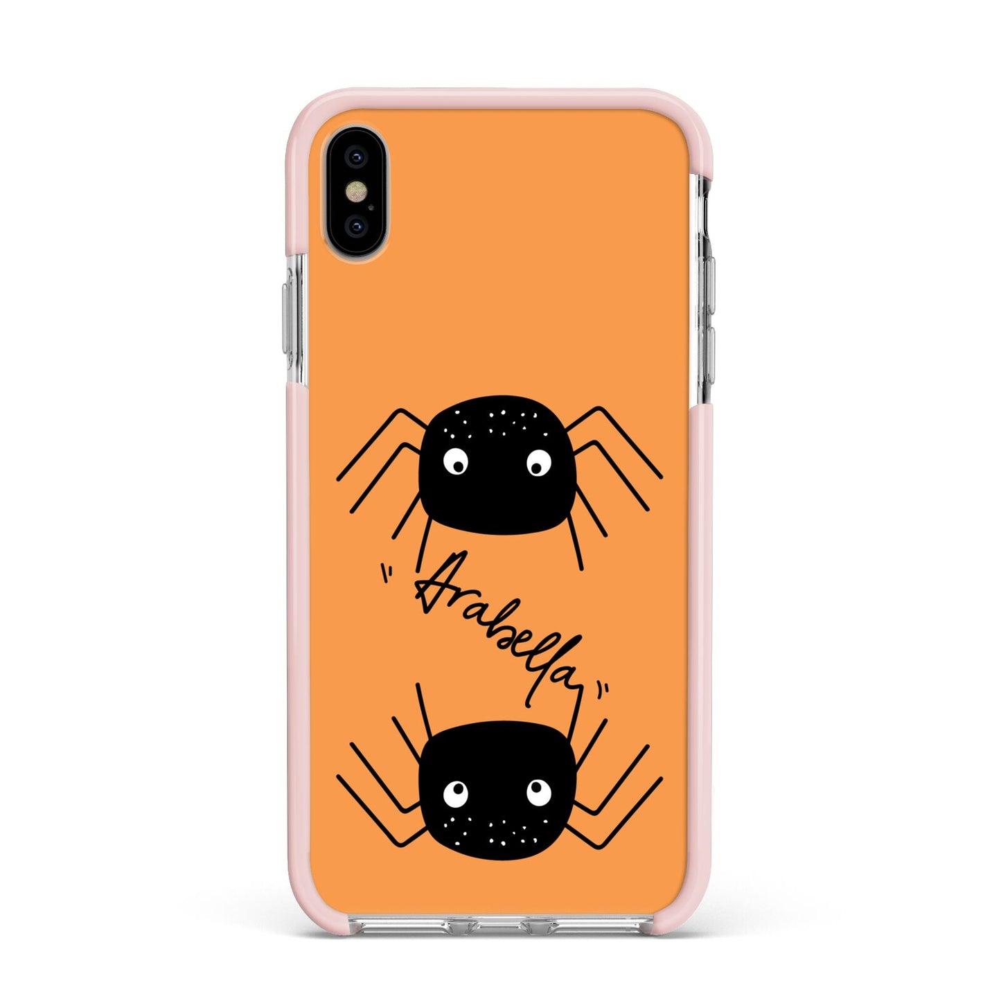 Spider Orange Personalised Apple iPhone Xs Max Impact Case Pink Edge on Silver Phone