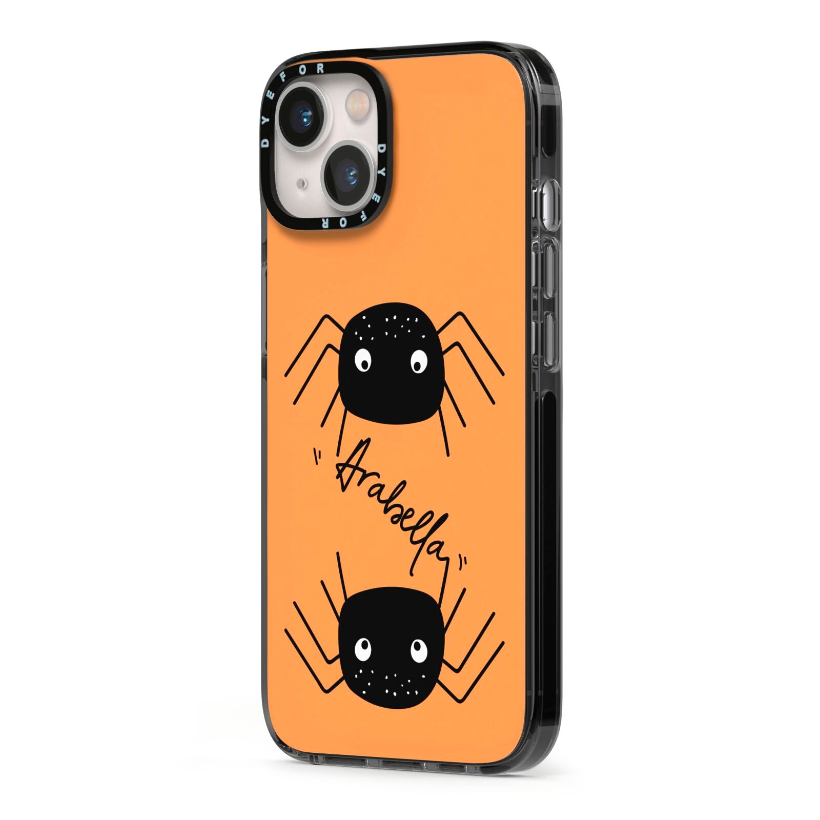 Spider Orange Personalised iPhone 13 Black Impact Case Side Angle on Silver phone