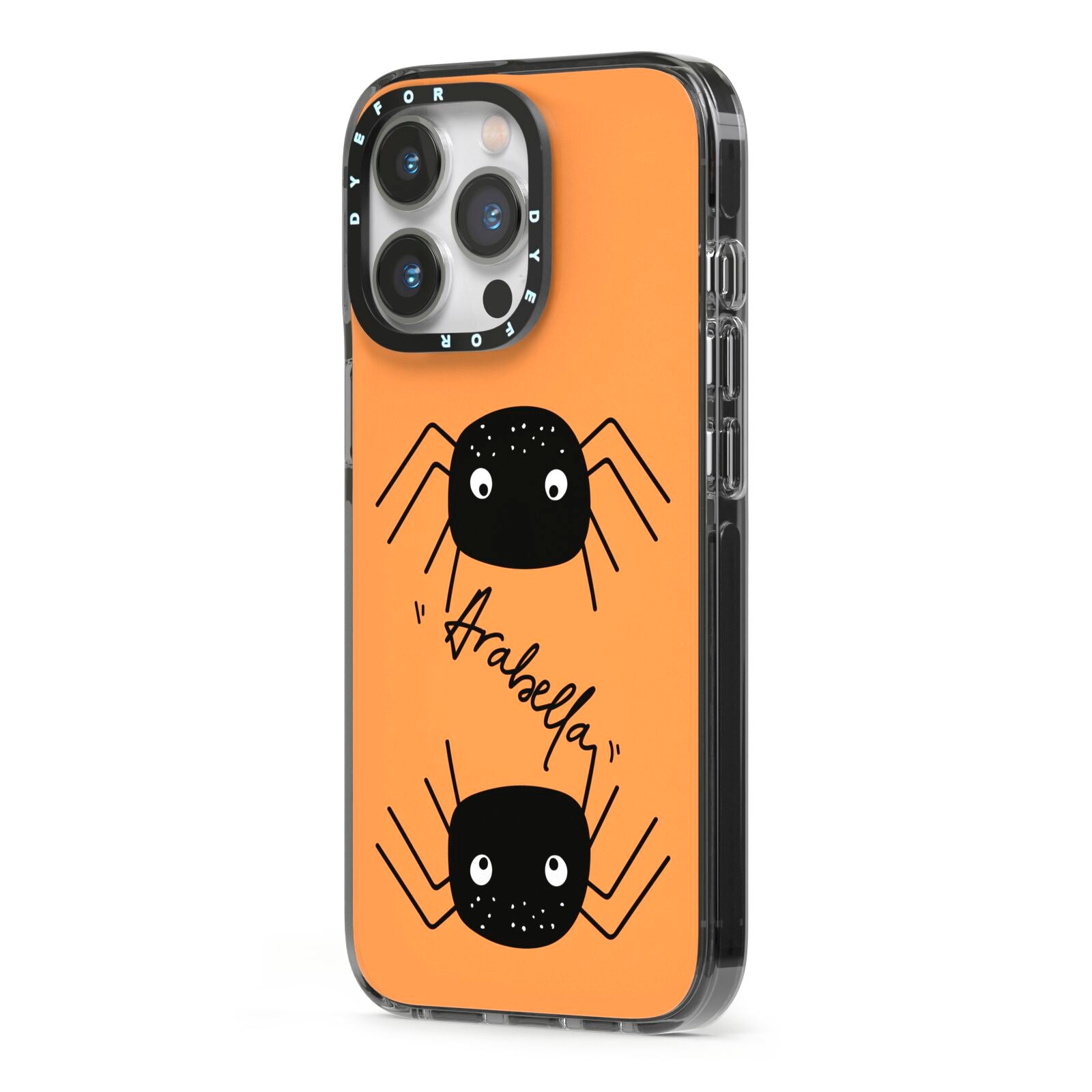 Spider Orange Personalised iPhone 13 Pro Black Impact Case Side Angle on Silver phone