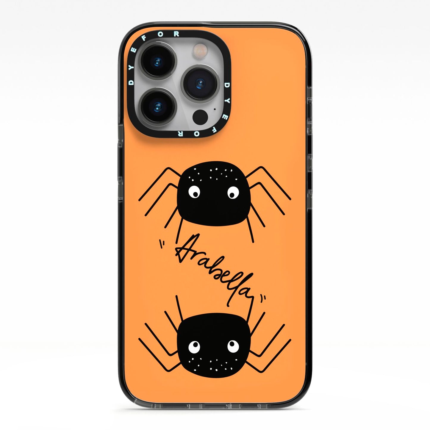 Spider Orange Personalised iPhone 13 Pro Black Impact Case on Silver phone