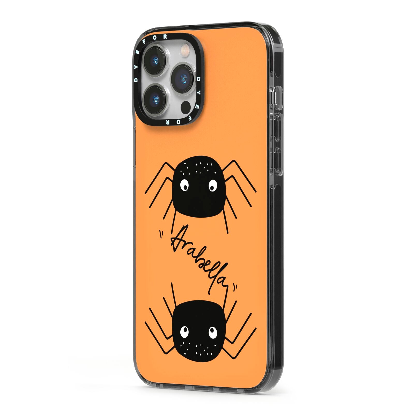 Spider Orange Personalised iPhone 13 Pro Max Black Impact Case Side Angle on Silver phone