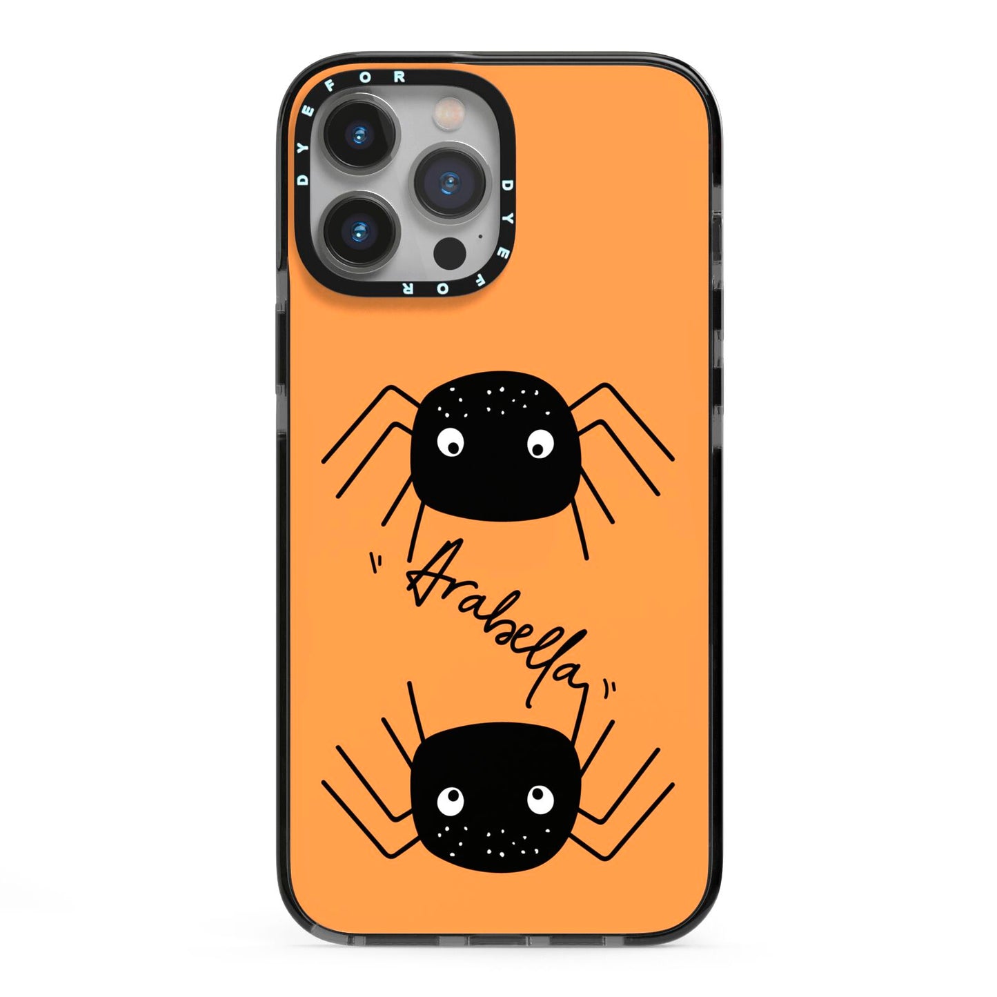 Spider Orange Personalised iPhone 13 Pro Max Black Impact Case on Silver phone