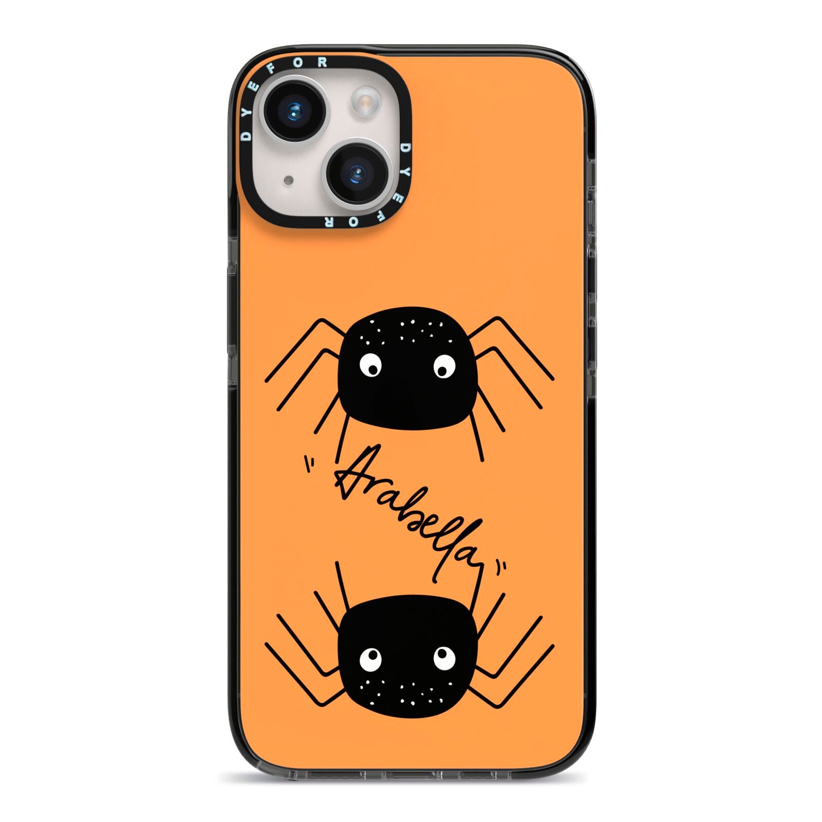 Spider Orange Personalised iPhone 14 Black Impact Case on Silver phone