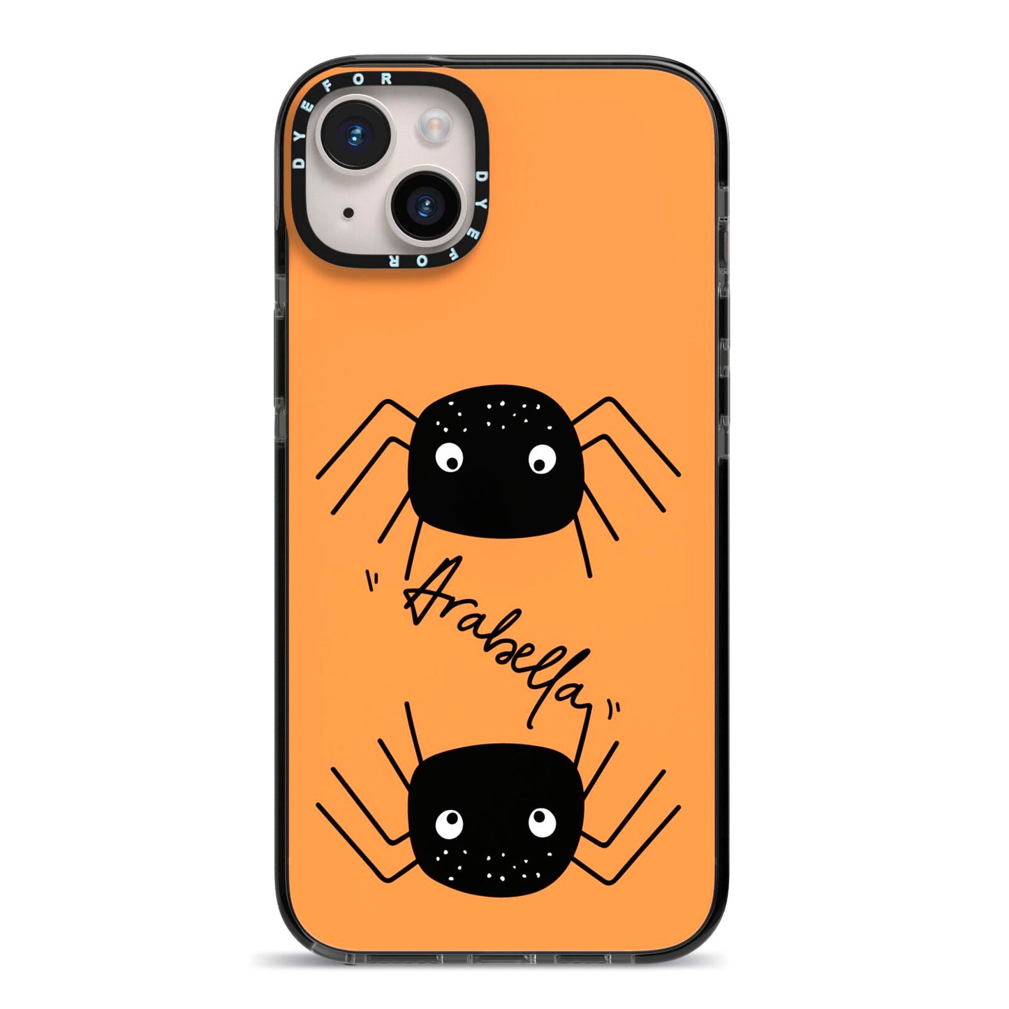 Spider Orange Personalised iPhone 14 Plus Black Impact Case on Silver phone