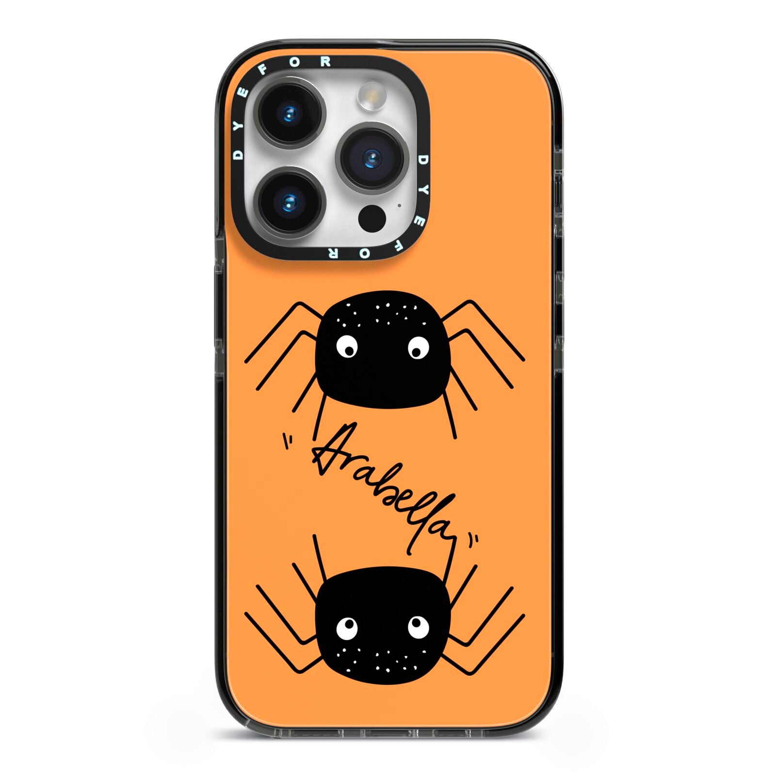 Spider Orange Personalised iPhone 14 Pro Black Impact Case on Silver phone