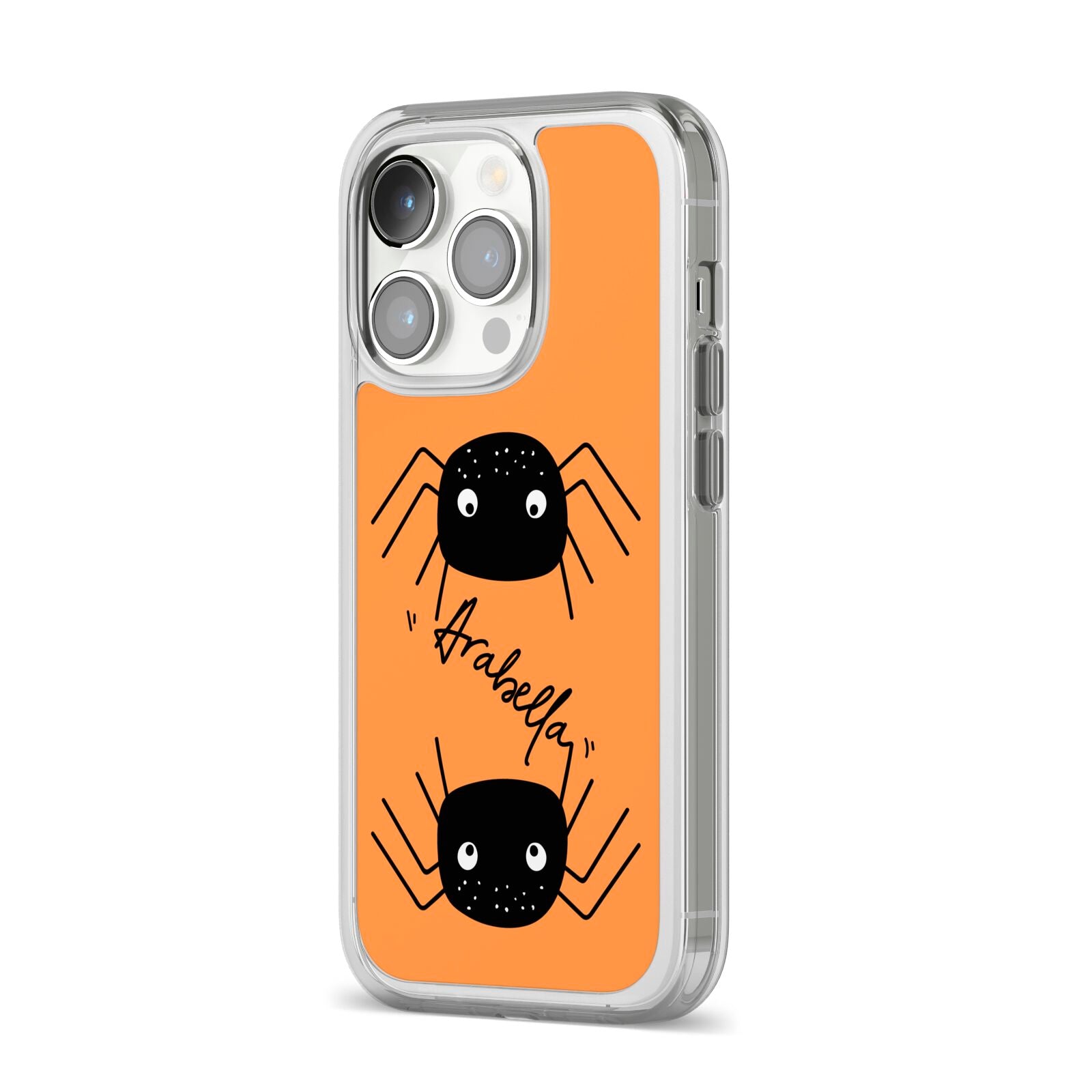 Spider Orange Personalised iPhone 14 Pro Clear Tough Case Silver Angled Image