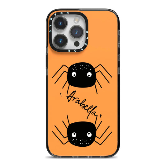 Spider Orange Personalised iPhone 14 Pro Max Black Impact Case on Silver phone