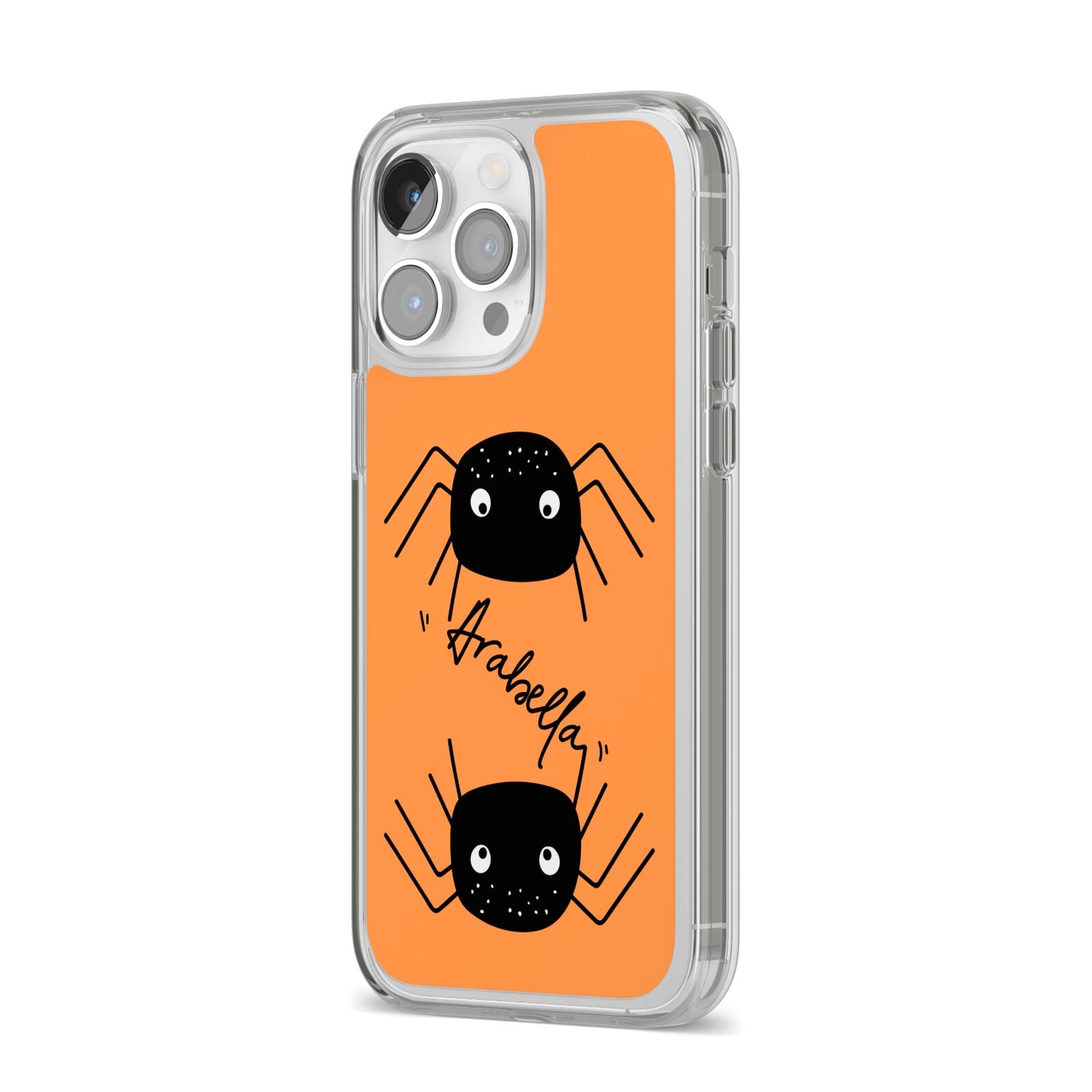 Spider Orange Personalised iPhone 14 Pro Max Clear Tough Case Silver Angled Image