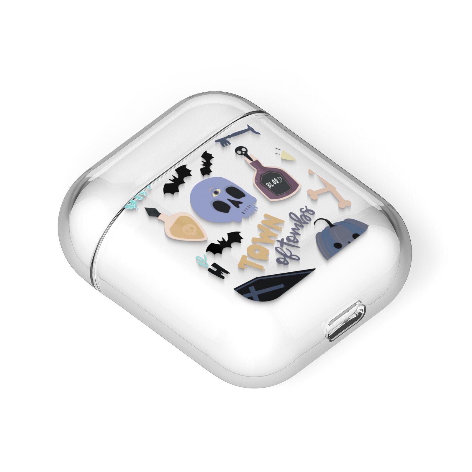 Spooky Blue Illustrations and Catchphrases AirPods Case Laid Flat