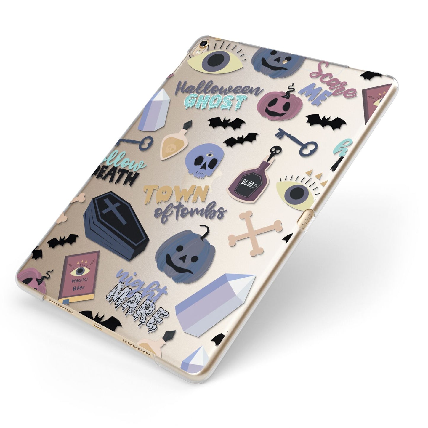 Spooky Blue Illustrations and Catchphrases Apple iPad Case on Gold iPad Side View