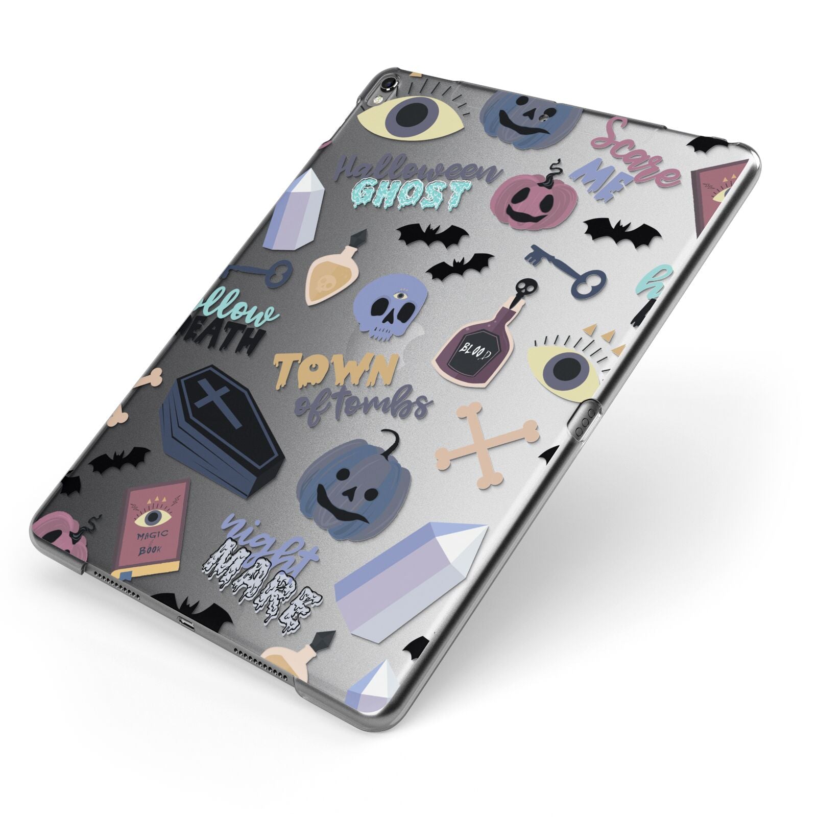 Spooky Blue Illustrations and Catchphrases Apple iPad Case on Grey iPad Side View