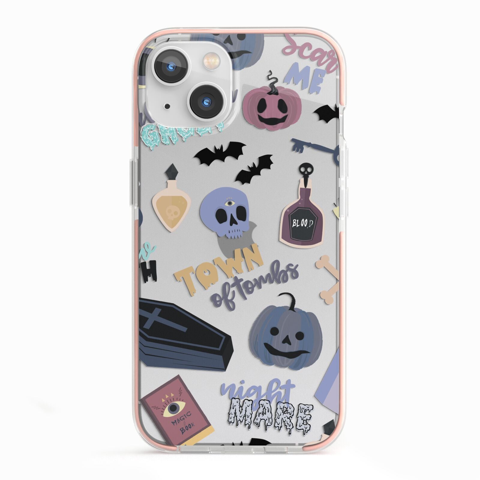 Spooky Blue Illustrations and Catchphrases iPhone 13 TPU Impact Case with Pink Edges