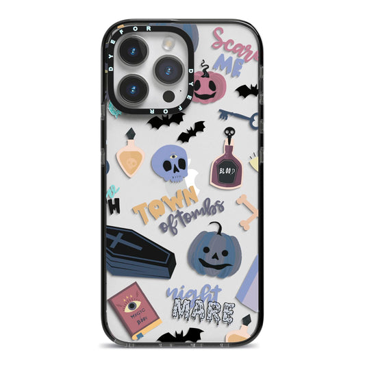 Spooky Blue Illustrations and Catchphrases iPhone 14 Pro Max Black Impact Case on Silver phone