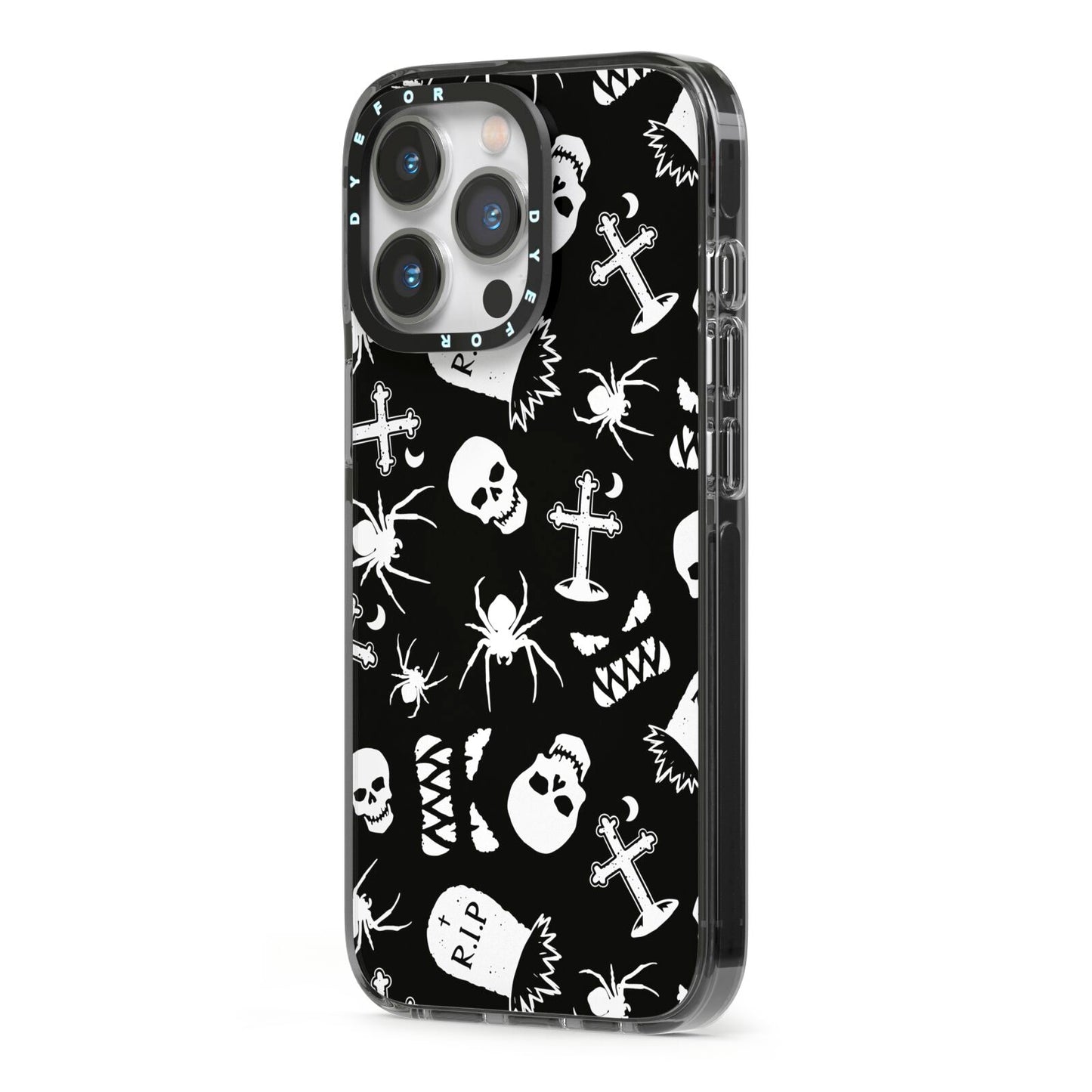 Spooky Illustrations iPhone 13 Pro Black Impact Case Side Angle on Silver phone