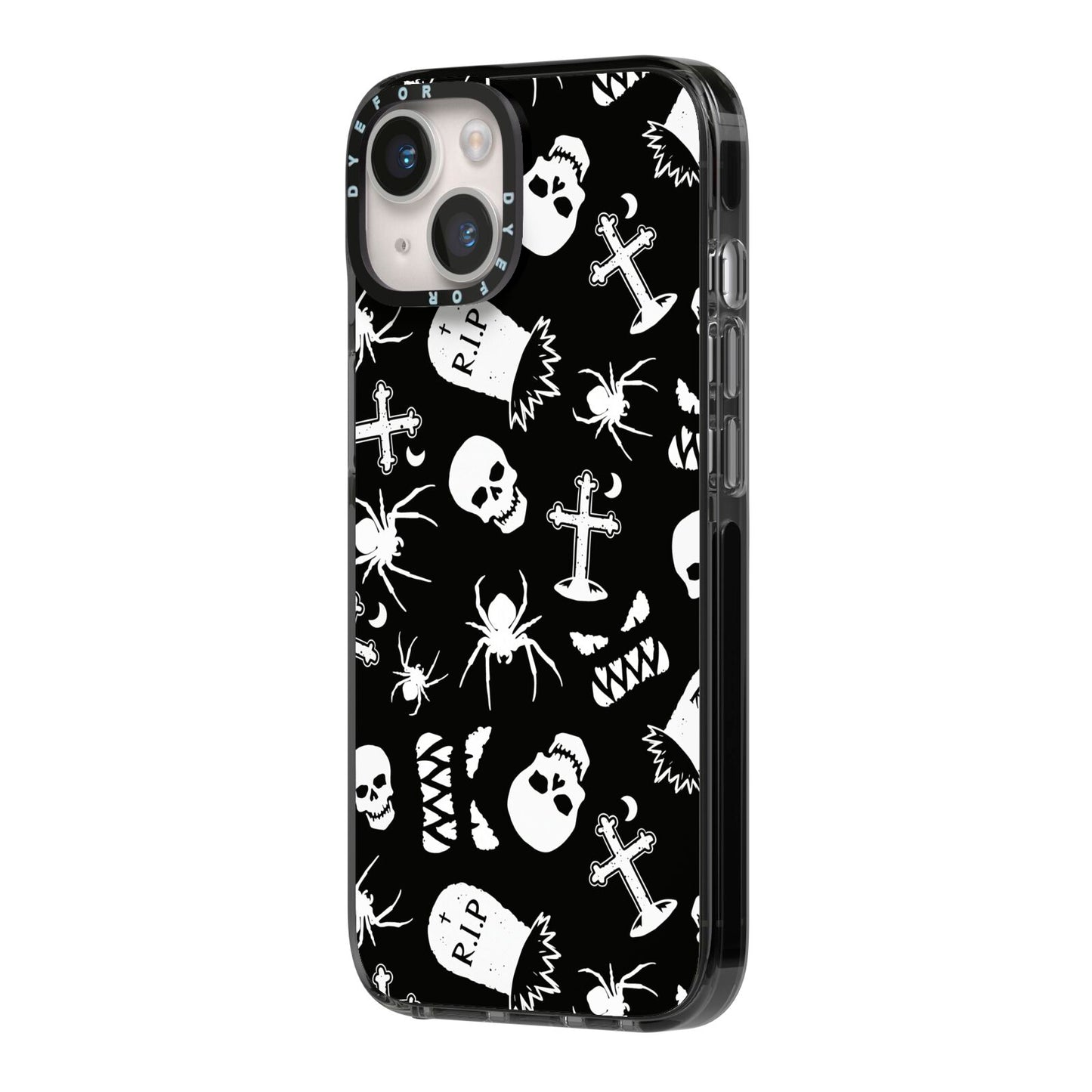 Spooky Illustrations iPhone 14 Black Impact Case Side Angle on Silver phone