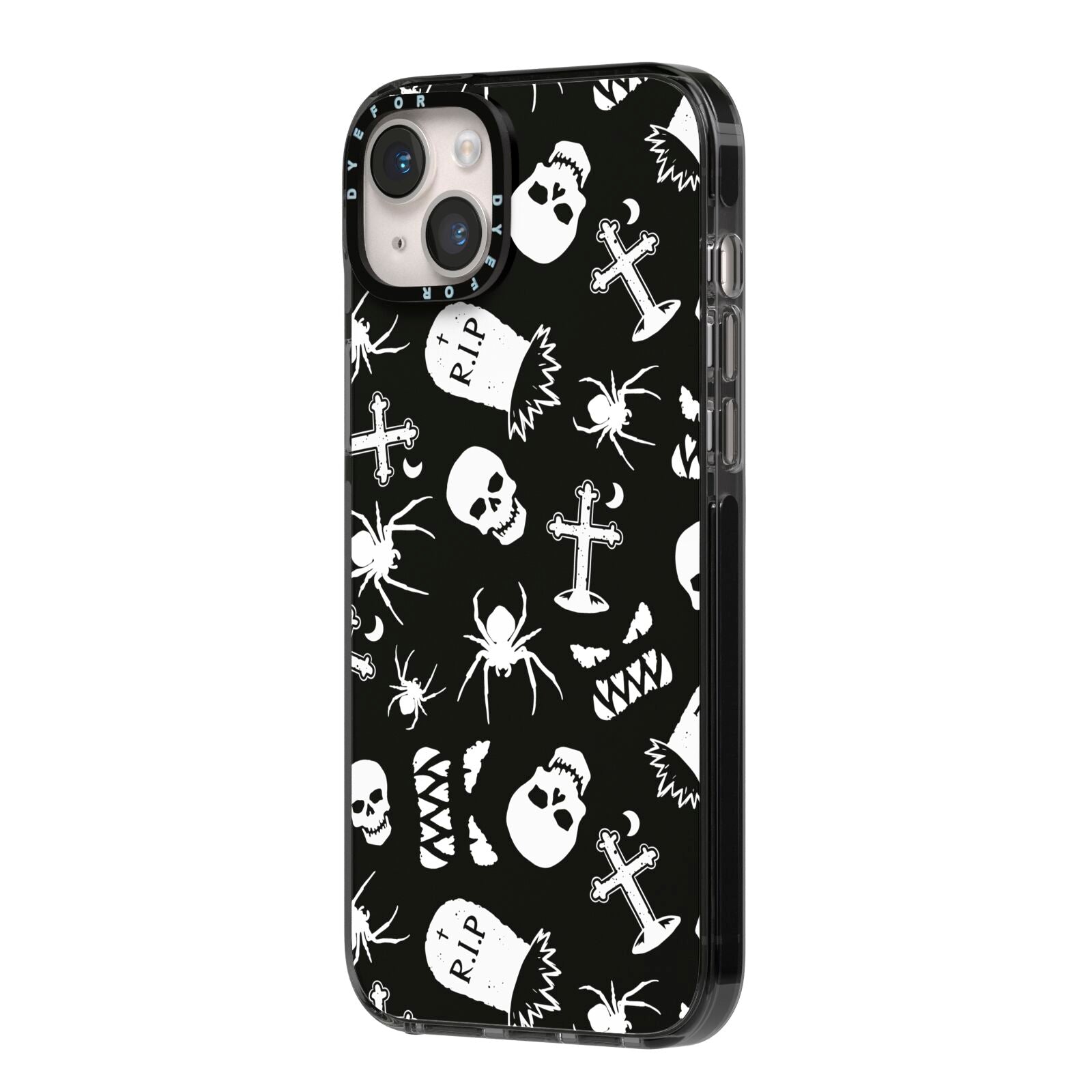 Spooky Illustrations iPhone 14 Plus Black Impact Case Side Angle on Silver phone