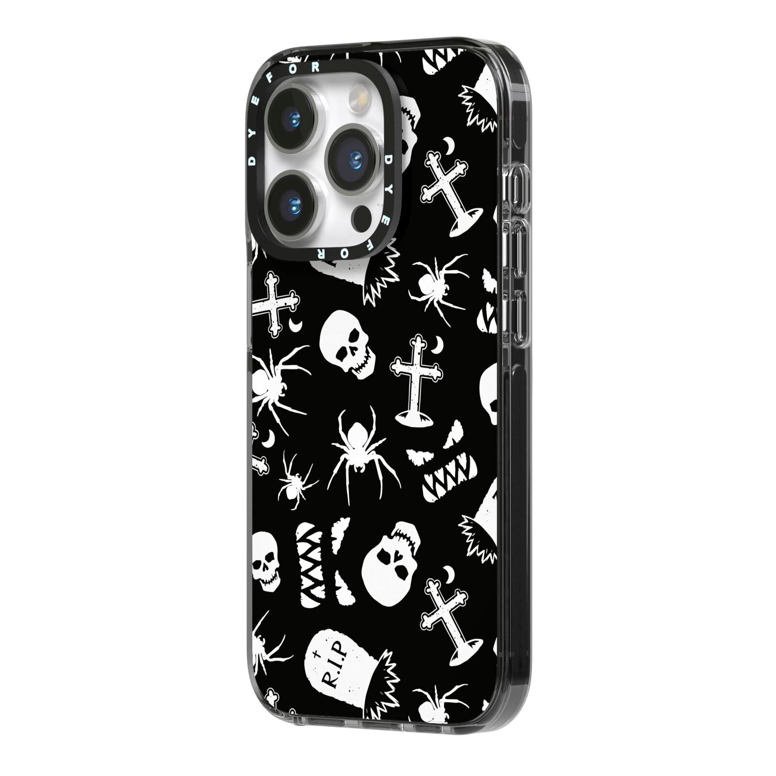 Spooky Illustrations iPhone 14 Pro Black Impact Case Side Angle on Silver phone