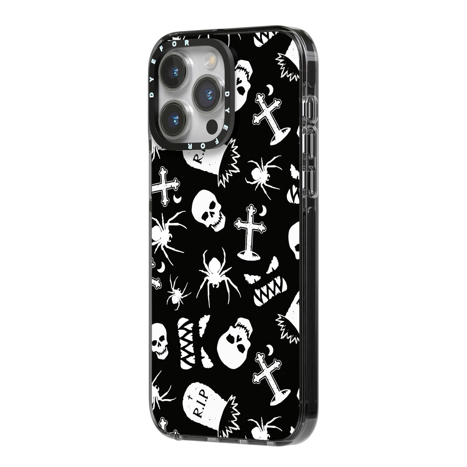Spooky Illustrations iPhone 14 Pro Max Black Impact Case Side Angle on Silver phone