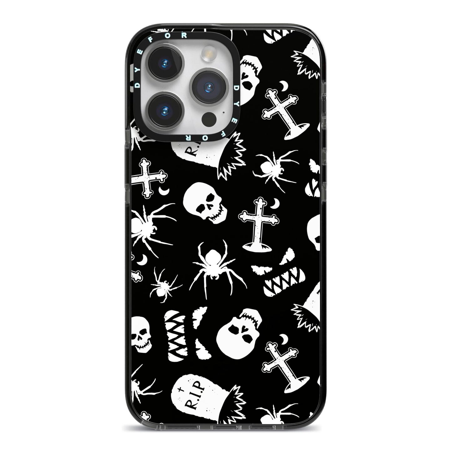 Spooky Illustrations iPhone 14 Pro Max Black Impact Case on Silver phone