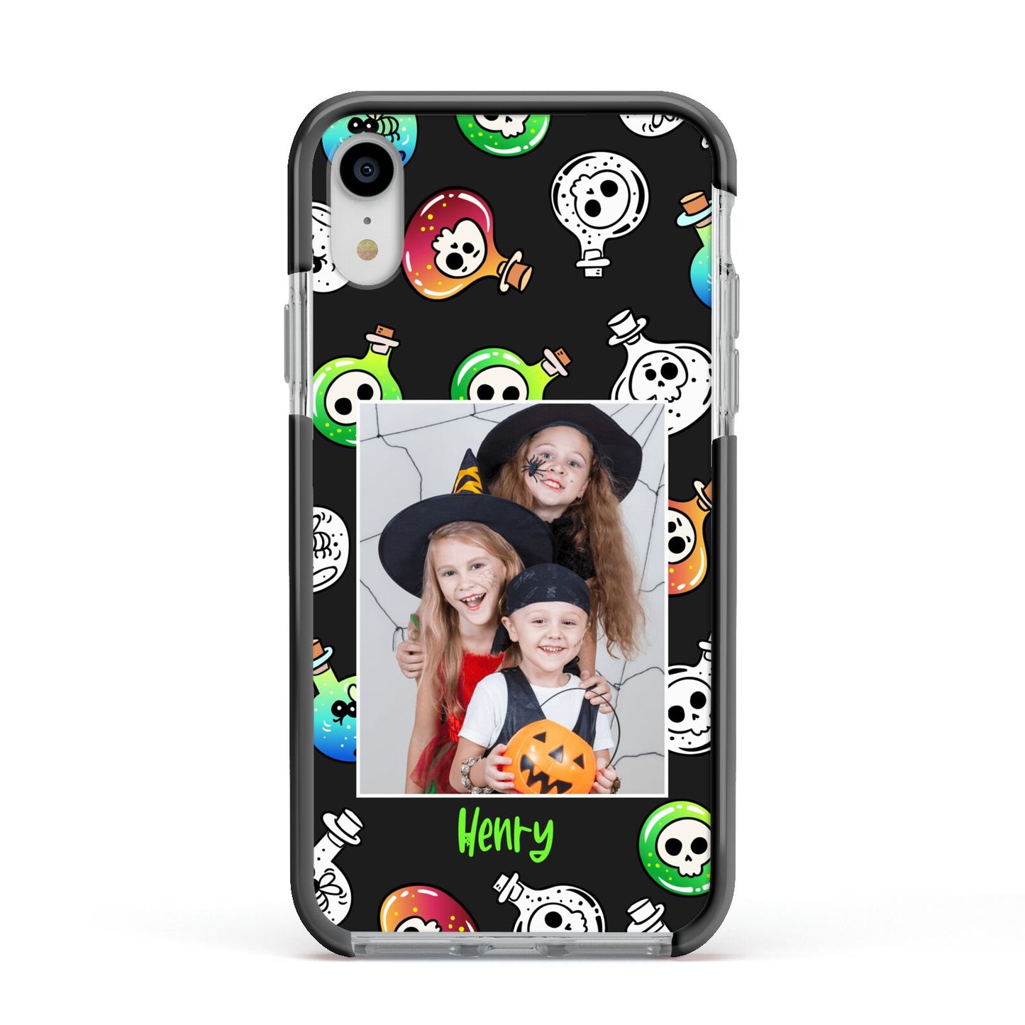 Spooky Potions Halloween Photo Upload Apple iPhone XR Impact Case Black Edge on Silver Phone