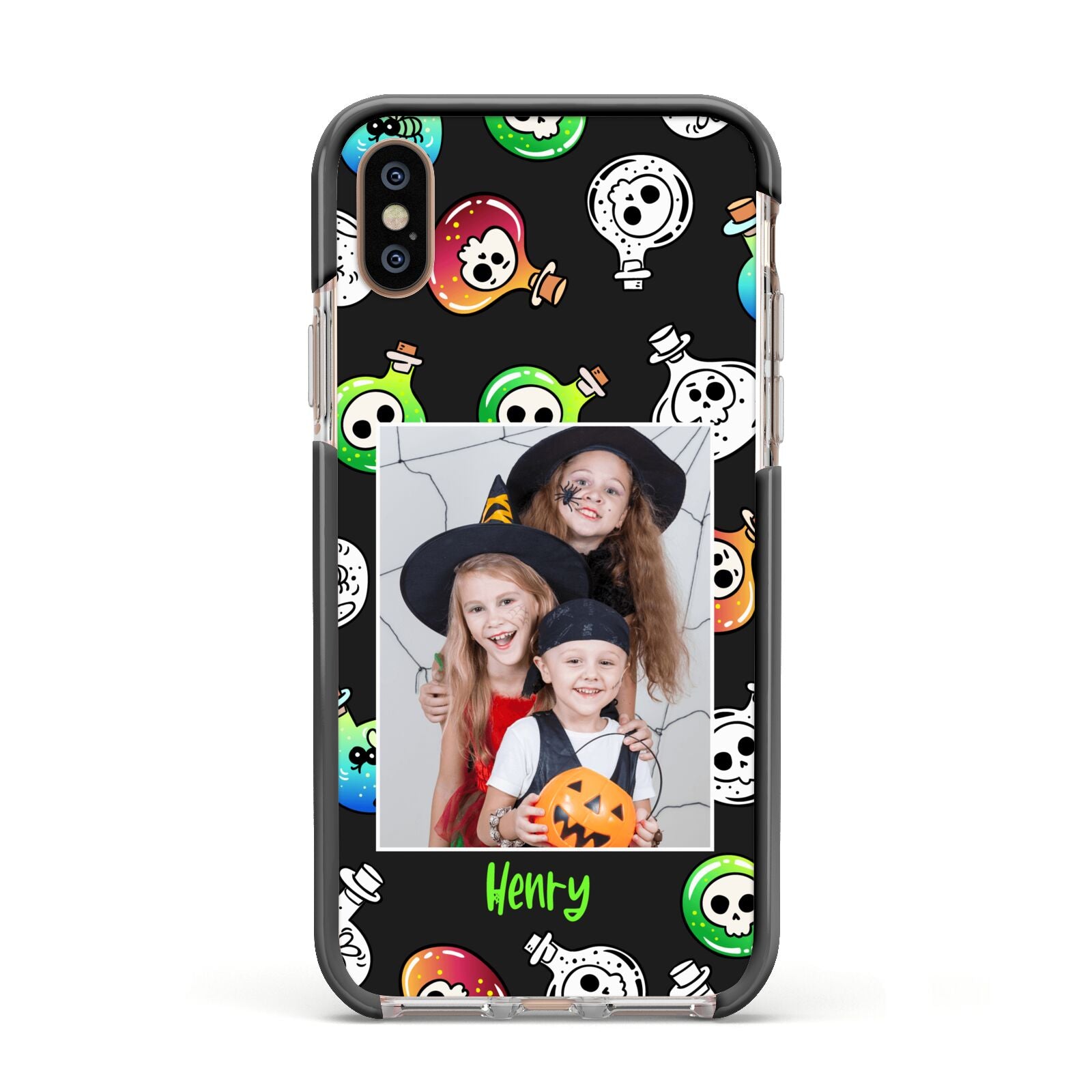 Spooky Potions Halloween Photo Upload Apple iPhone Xs Impact Case Black Edge on Gold Phone