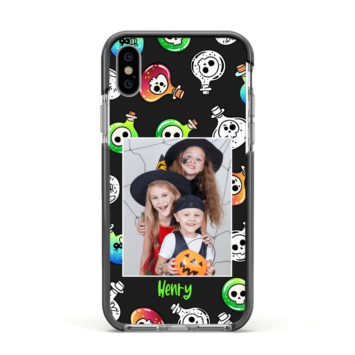Spooky Potions Halloween Photo Upload Apple iPhone Xs Impact Case Black Edge on Silver Phone