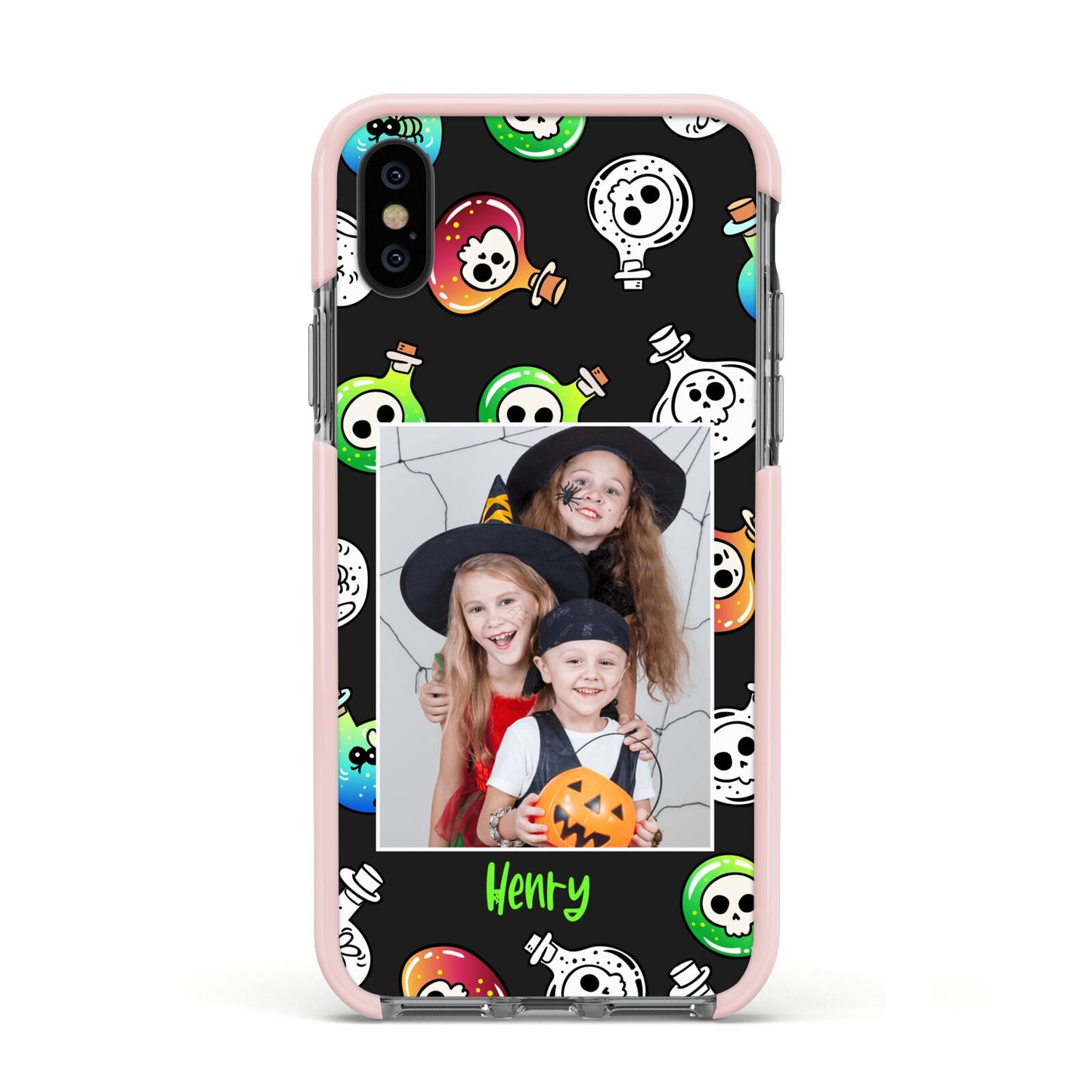 Spooky Potions Halloween Photo Upload Apple iPhone Xs Impact Case Pink Edge on Black Phone